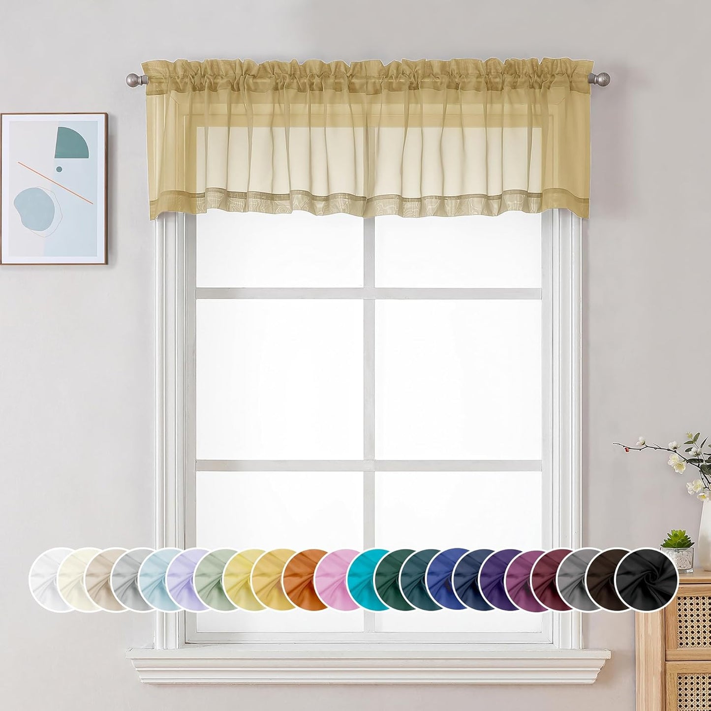 Chyhomenyc Sheer Valances for Windows 2 Pack, Small Window Curtains for Living Room Bathroom, Modern Top Dual Rod Pocket Voile Basement Curtains, 42W x 14L inches, Gold