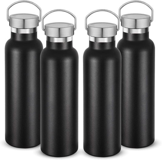 Neihepal 20 oz Insulated Water Bottles Bulk 4 Pack,Stainless Steel Double Wall Sport Bottle with Lid of Handle,Metal Reusable Thermoses Flask with Cup Cap for School,Hikers,Gift (Black,Set of 4)