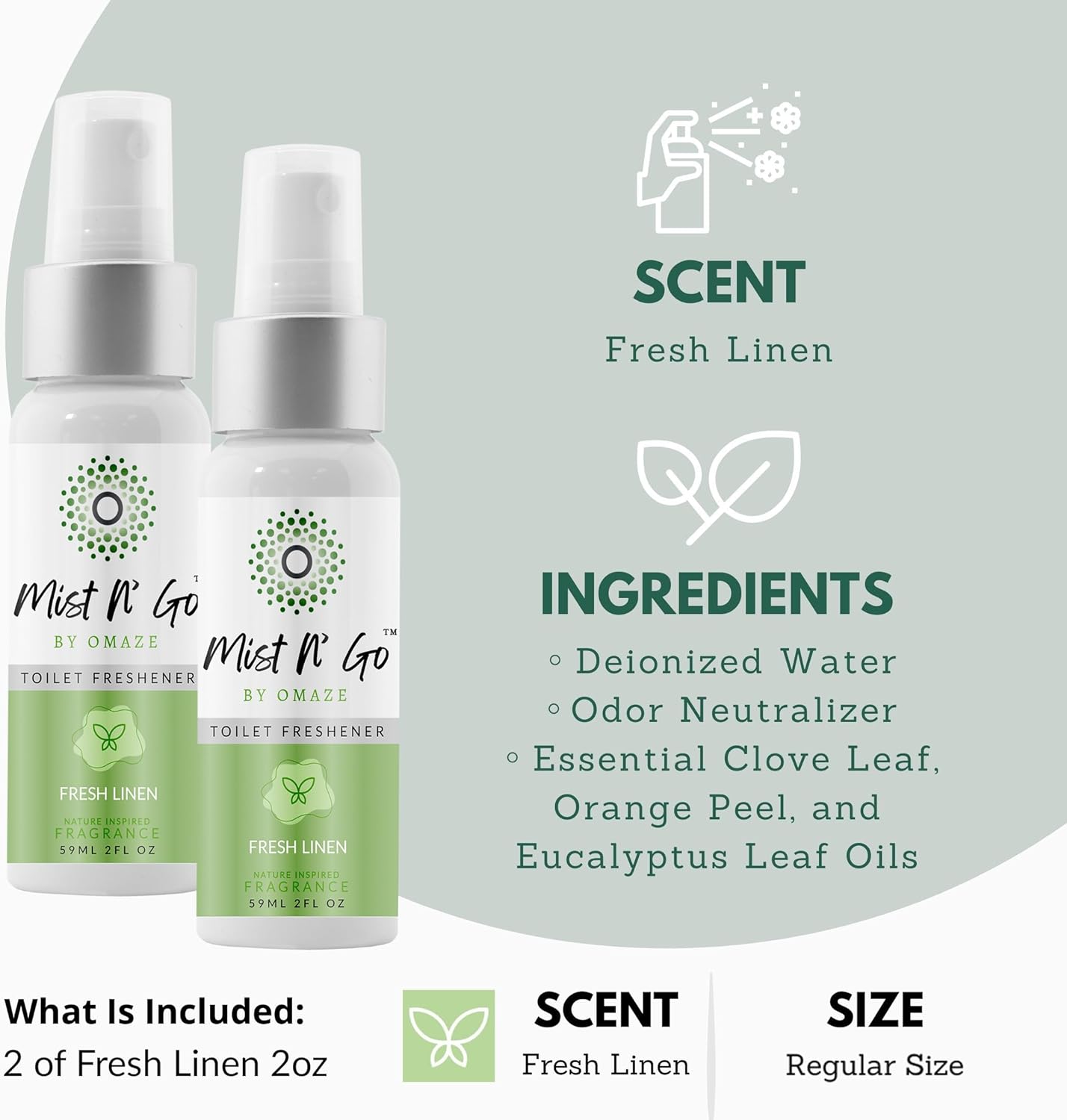 Mist N’ Go by Omaze Travel Bathroom Spray for Toilet Spray Odor Eliminator - Travel Toilet Spray for Bathroom Air Freshener Spray for Bathroom Deodorizer - Fresh Linen Regular Size (2oz x2)