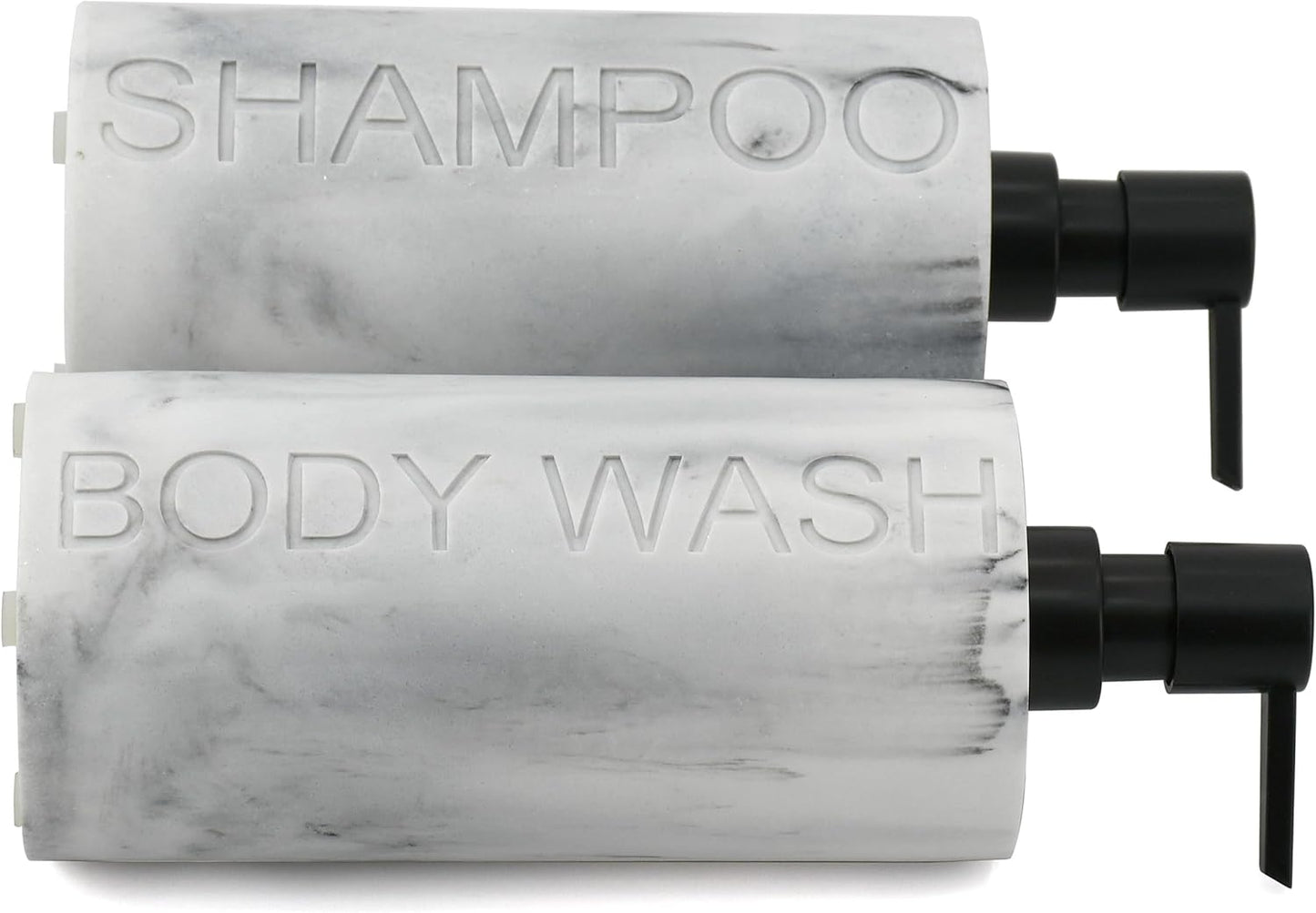 Marble Resin 2 Piece Shampoo and Body Wash Dispenser Set, Luxurious Refillable Pump Bottles with Matte Pump Top and Embossed Text, Durable Design for Bathroom and Shower