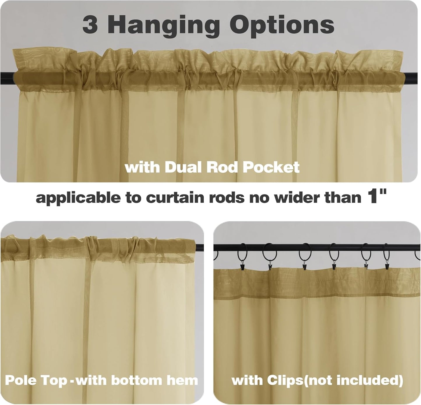 Chyhomenyc Sheer Valances for Windows 2 Pack, Small Window Curtains for Living Room Bathroom Cafe Laundry Basement, Modern Top Dual Rod Pocket Voile Curtain, 42W x 18L inches, Gold