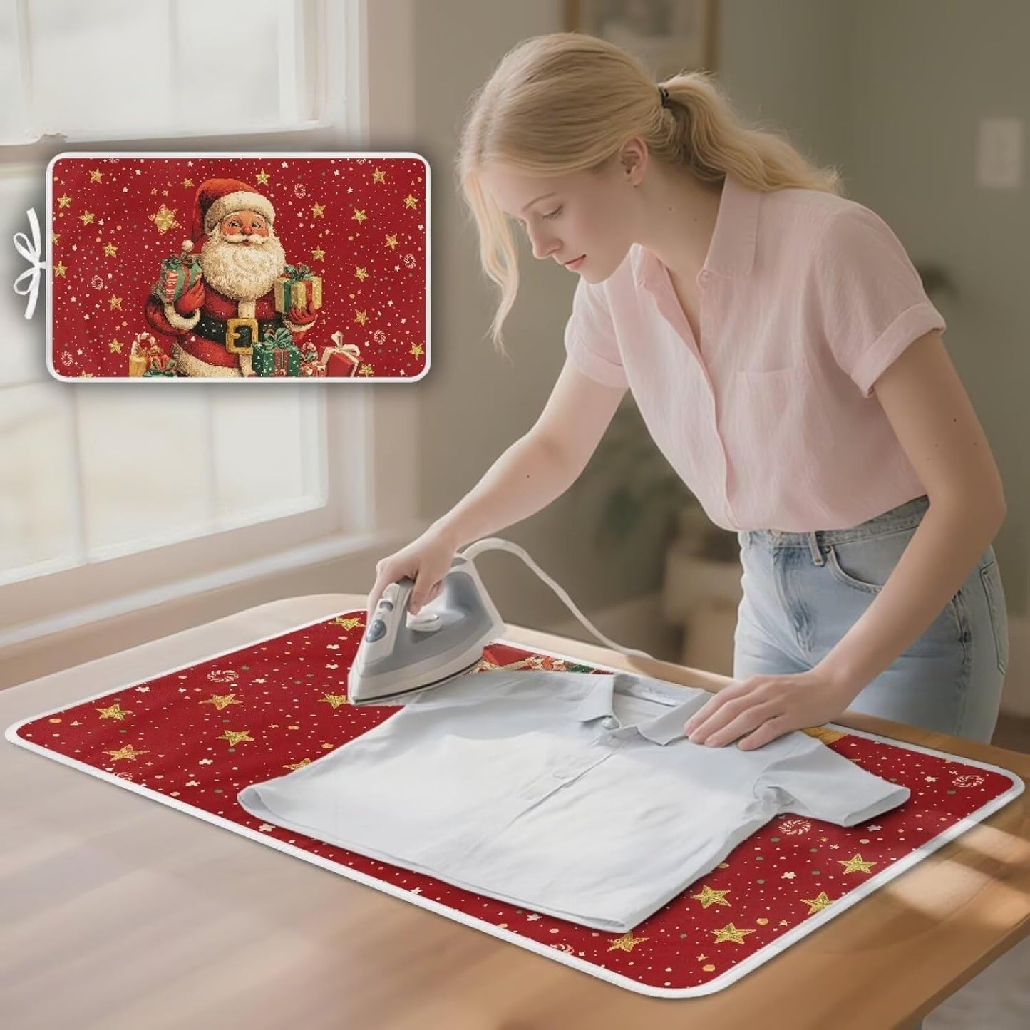 Ironing Mat Christmas Portable Ironing Pad Blanket for Table Top Heat Resistance Foldable Lightweight 32 x 16 Inch Santa Claus Small Ironing Pads for Washer,Dryer,Countertop