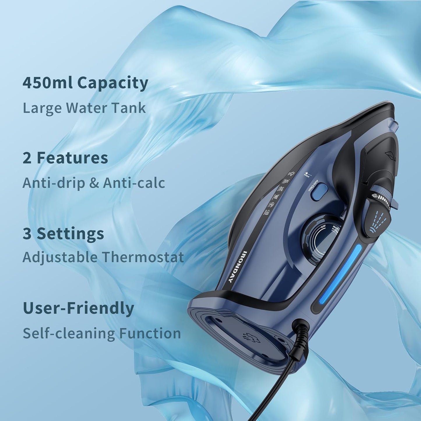 Steam Iron for Clothes Fast Heating, 1700W Iron Precision with Thermostat Dial, Ceramic Soleplate, Auto shutoff, Burst Steam, Self-Cleaning, 15.21oz Water Tank Ironing Clothes for Home, Blue