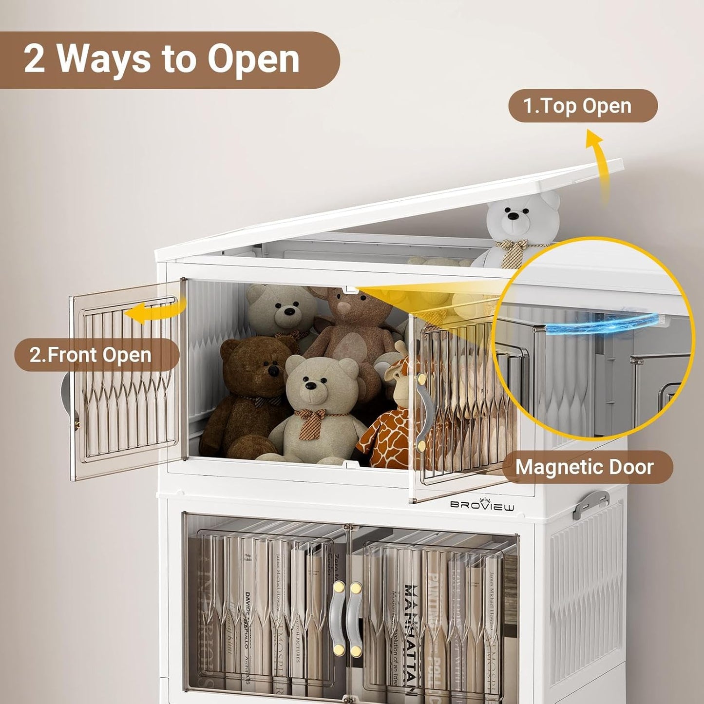 BROVIEW 320Qt Stackable Storage Bins with Lid, Extra Large Closet Organizer Collapsible Drawer Boxes with Wheels, Folding Plastic Cabinet Containers for Home Kitchen Room Organization, 4Pack White