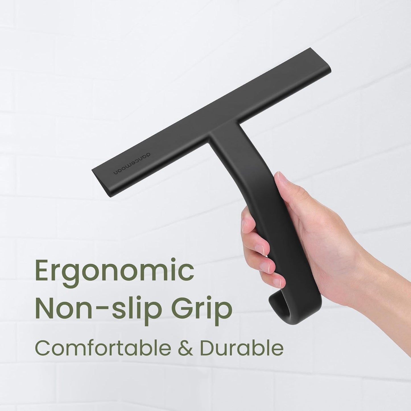 dancemoon JustHang Shower Squeegee for Glass Doors, All-One-Piece Silicone with Built-in Hook Design for Easy Hanging and Cleaning, 10 Inch Black