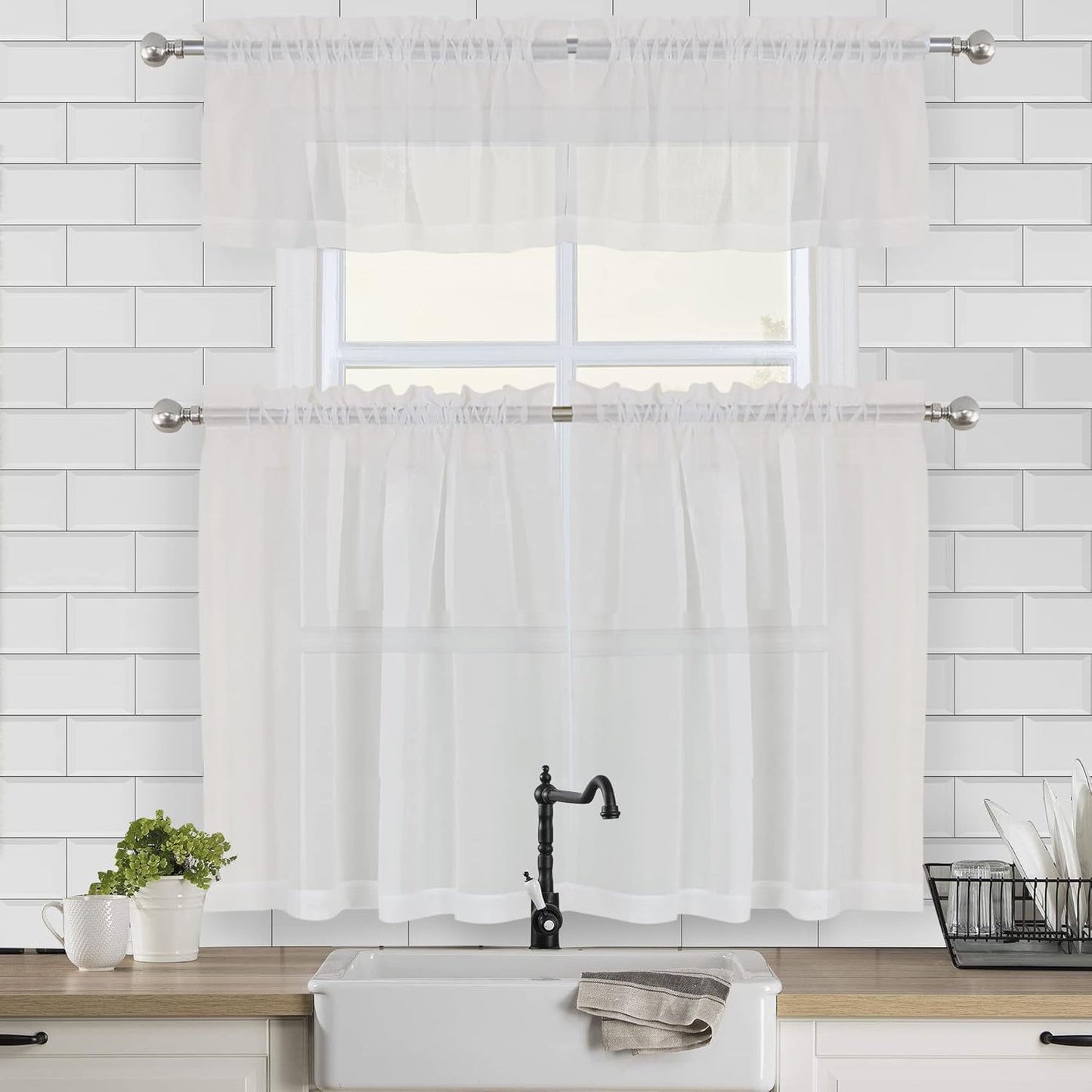 Chyhomenyc Sheer Window Valance Curtains, 2PCS Set, Light Filtering Valances Windows Treatment, Small Rod Pockets Voile Sheer Curtains for Living Room/Bathroom/Basement, 42Wx14L in, Set of 2, Ivory