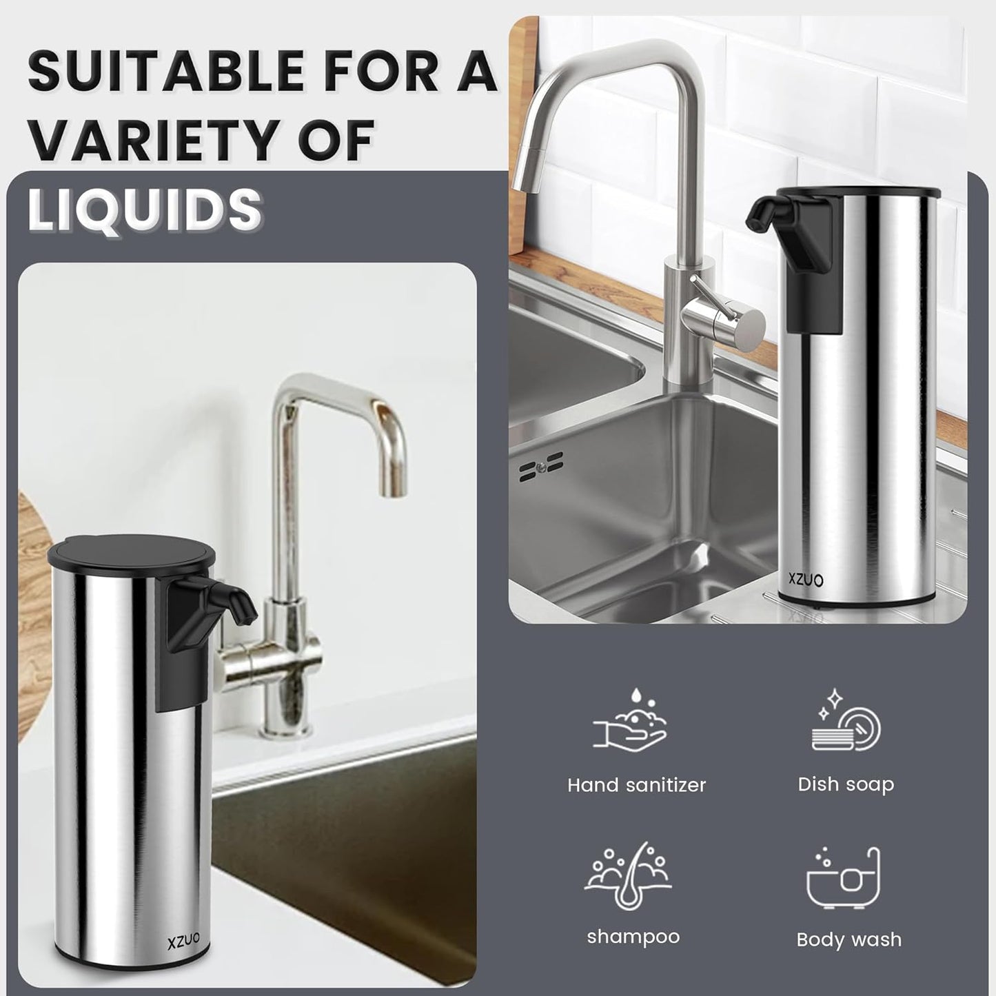 Automatic Soap Dispenser Touchless 11.8oz/350ml Four-Level Adjustable Dispenser Volume，Stainless Steel Material,Battery Powered for Wide Compatibility in Kitchen, Bathroom, Hotel & Office