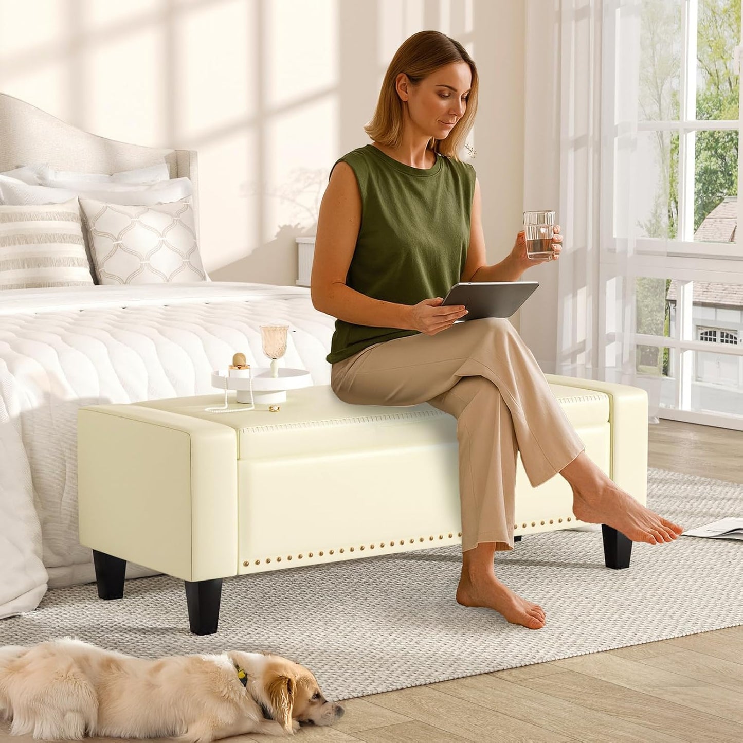 48.8" Storage Ottoman Bench Cream White | Faux Leather Bedroom Bench with Lift Top for Living Room & Bed End