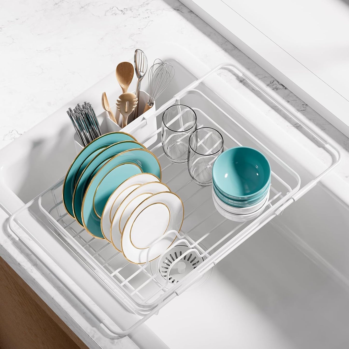 Stainless Steel Dish Drying Rack for Kitchen Counter, Sink Organization and Storage Essentials with Silverware & Utensil Holder, Home and Apartment Decor, 12" W x 16.1~23" L, White