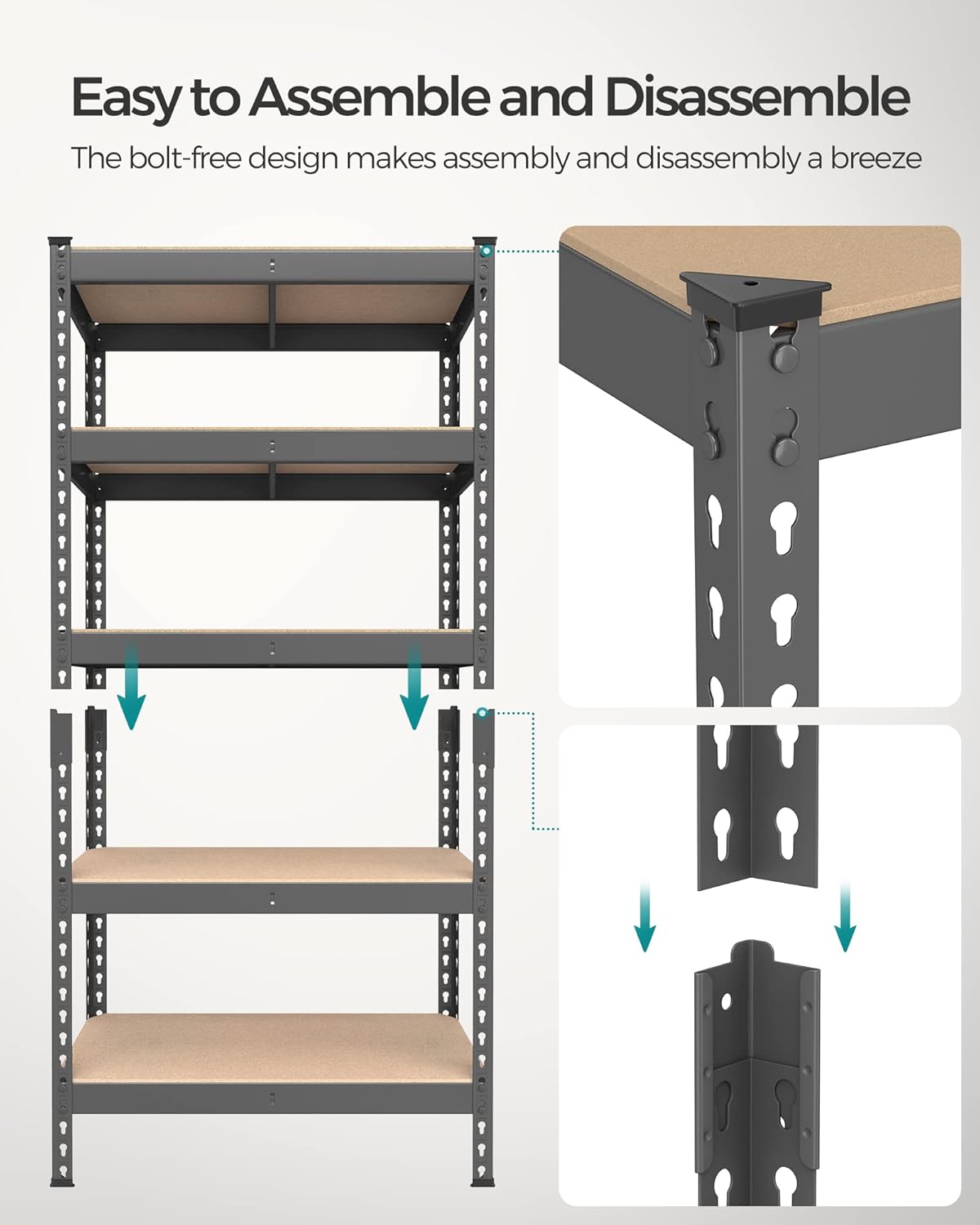 SONGMICS 5-Tier Storage Shelves, Load 2310 lb, Set of 2 Garage Storage, Boltless Assembly, Adjustable Shelving Unit, 11.8 x 29.5 x 59.1 Inches, for Study Shed Basement, Gray UGLR300G02