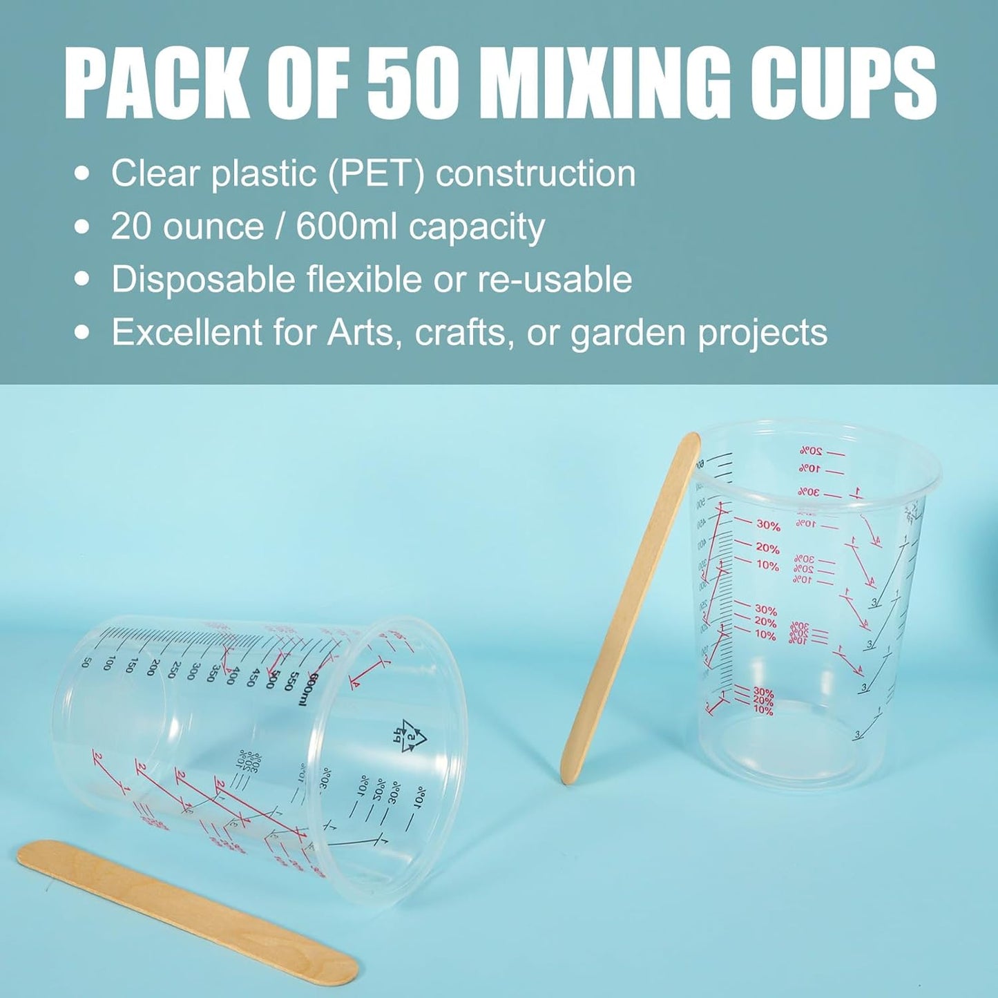 50-Pack Mixing Cups Set Paint Mixing Cups 20 oz (600ml) with 50 Wooden Sticks,Easy Measuring Ratios 2:1, 3:1, 4:1,Ideal for Epoxy Resin, Paint, and More