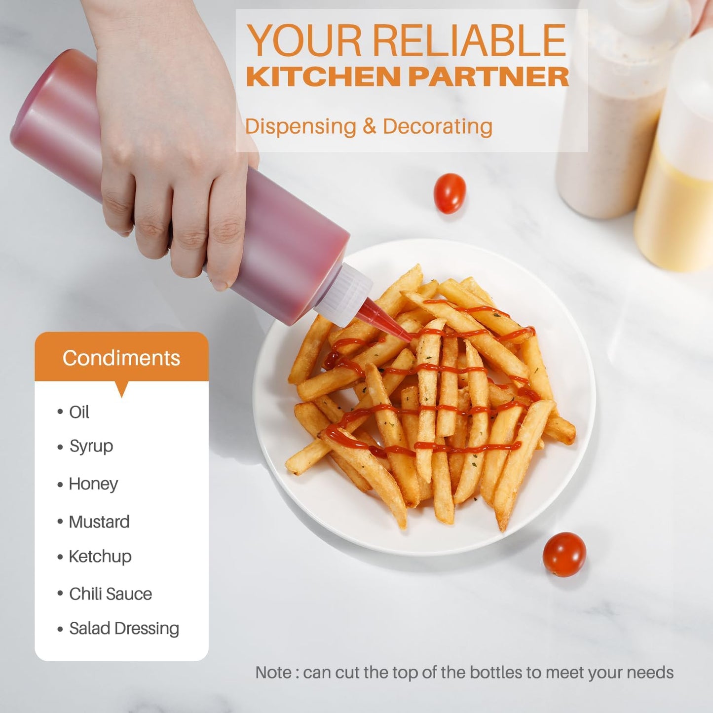 Sopito Squeeze Bottles, 16oz Plastic Condiment Squeeze Bottles with Labels & Funnels & Brusher for Liquids Sauces Ketchup Oil, 3 Pack