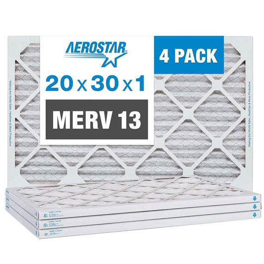 Aerostar 20x30x1 MERV 13 Air Filter, 4 Pack Set of HVAC Furnace Filters, Electrostatic MPR 1500-1900 & FPR 10 (Actual Size: 19 3/4 x 29 3/4 x 3/4 inches)