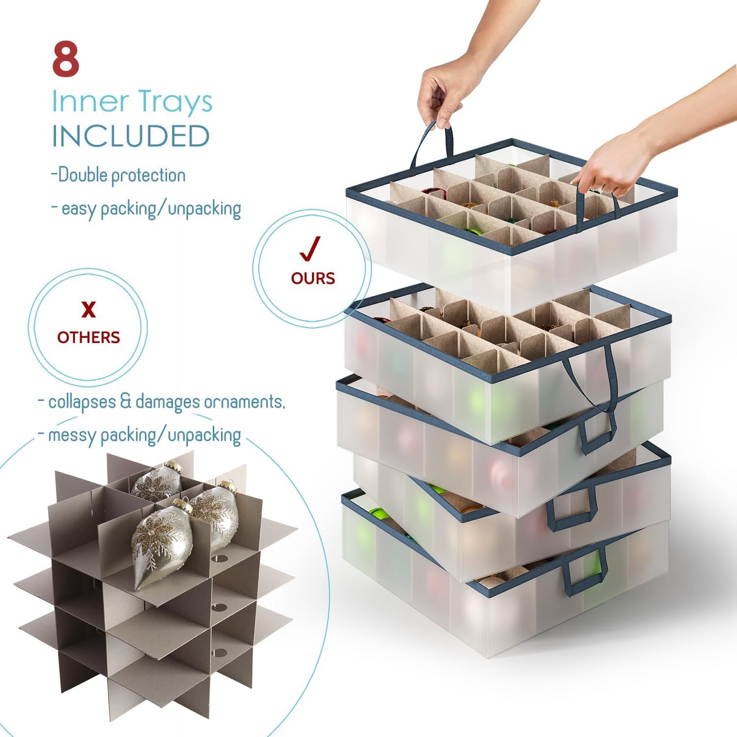 Large Christmas Ornament Storage Box With Adjustable Dividers - Plastic Ornament Storage Container For 128 Holiday Ornaments or Decorations - By Hearth & Harbor