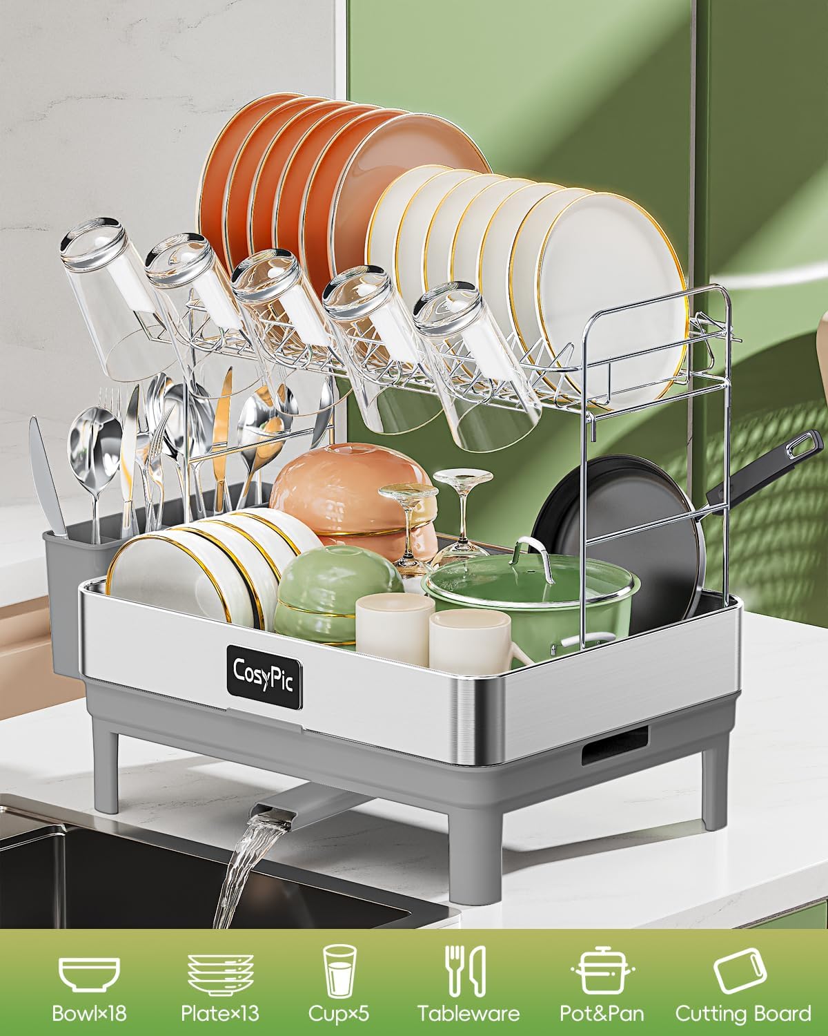 2 Tier Dish Drying Rack, Thicker Premium 304 Stainless Steel Dish Racks for Kitchen Counter, Automatic Drainage Spout, Dish Drainer & Drainboard Set with Utensil Holder and Cup Holder, Grey