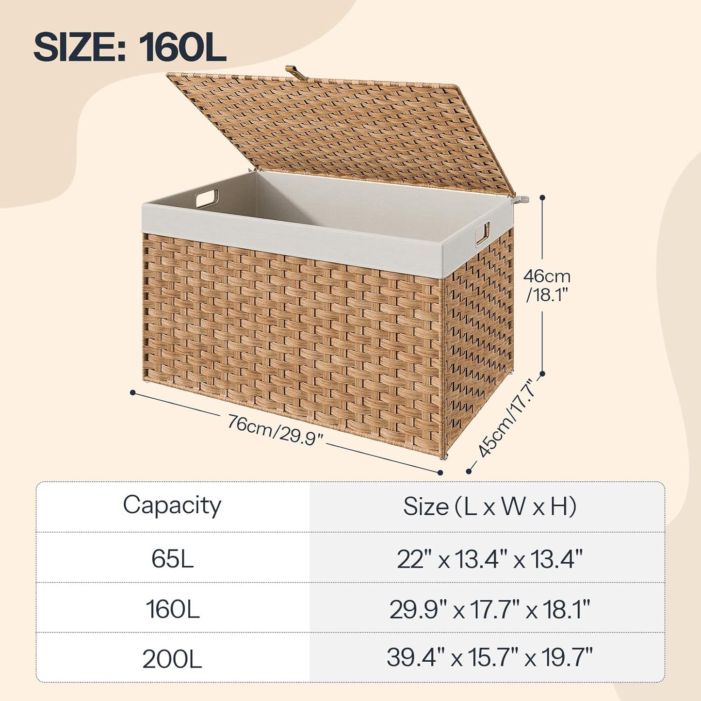 HOOBRO Storage Basket with Lid, 42.3 Gallon (160L) Wicker Basket, Handwoven Blanket Storage Basket with Handles, Metal Frame and Soft Lining, Foldable for Bedroom, Laundry Room, Natural NL216CW01