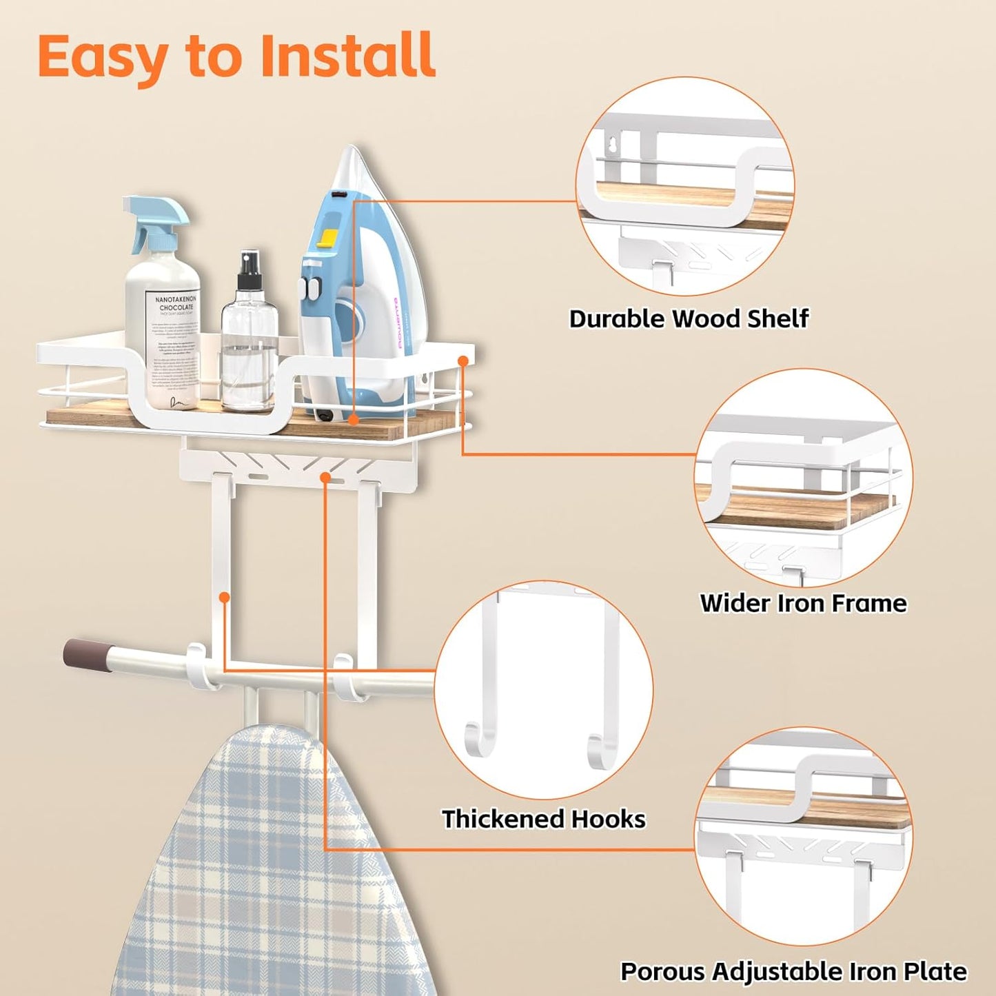 Ironing Board Holder Wall Mount, Laundry Room Organization Storage, White, T&V Shaped Space Saving Ironing Board Hanger for Laundry Room Decor and Accessories