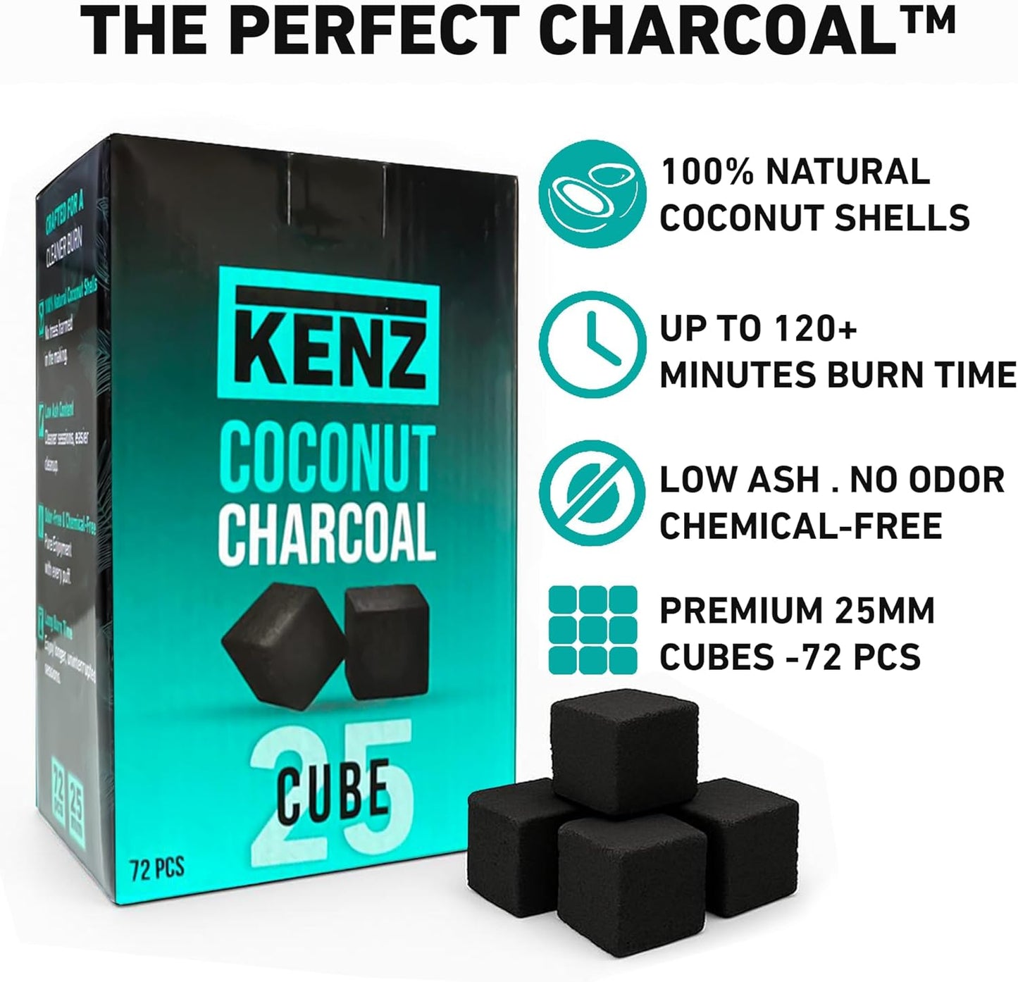 KENZ Charcoal Cubes, 25mm Low Ash Coconut Charcoal Briquettes, 100% Natural Coconut Shells, Completely Odor and Chemical Free, Enjoy a Longer Hotter Burn Time, 72 Cubes
