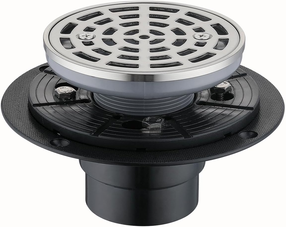 RANDOM Round Shower Drain Brushed Nickel 4 Inch Shower Drain with Adjustable PVC Base Flange,SUS304 Stainless Steel Bathroom Shower Floor Drain with Removable Grid Cover Grate.98768BN-S