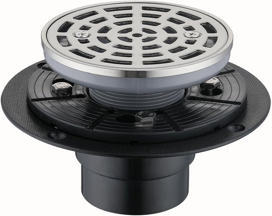 RANDOM Round Shower Drain Brushed Nickel 4 Inch Shower Drain with Adjustable PVC Base Flange,SUS304 Stainless Steel Bathroom Shower Floor Drain with Removable Grid Cover Grate.98768BN-S
