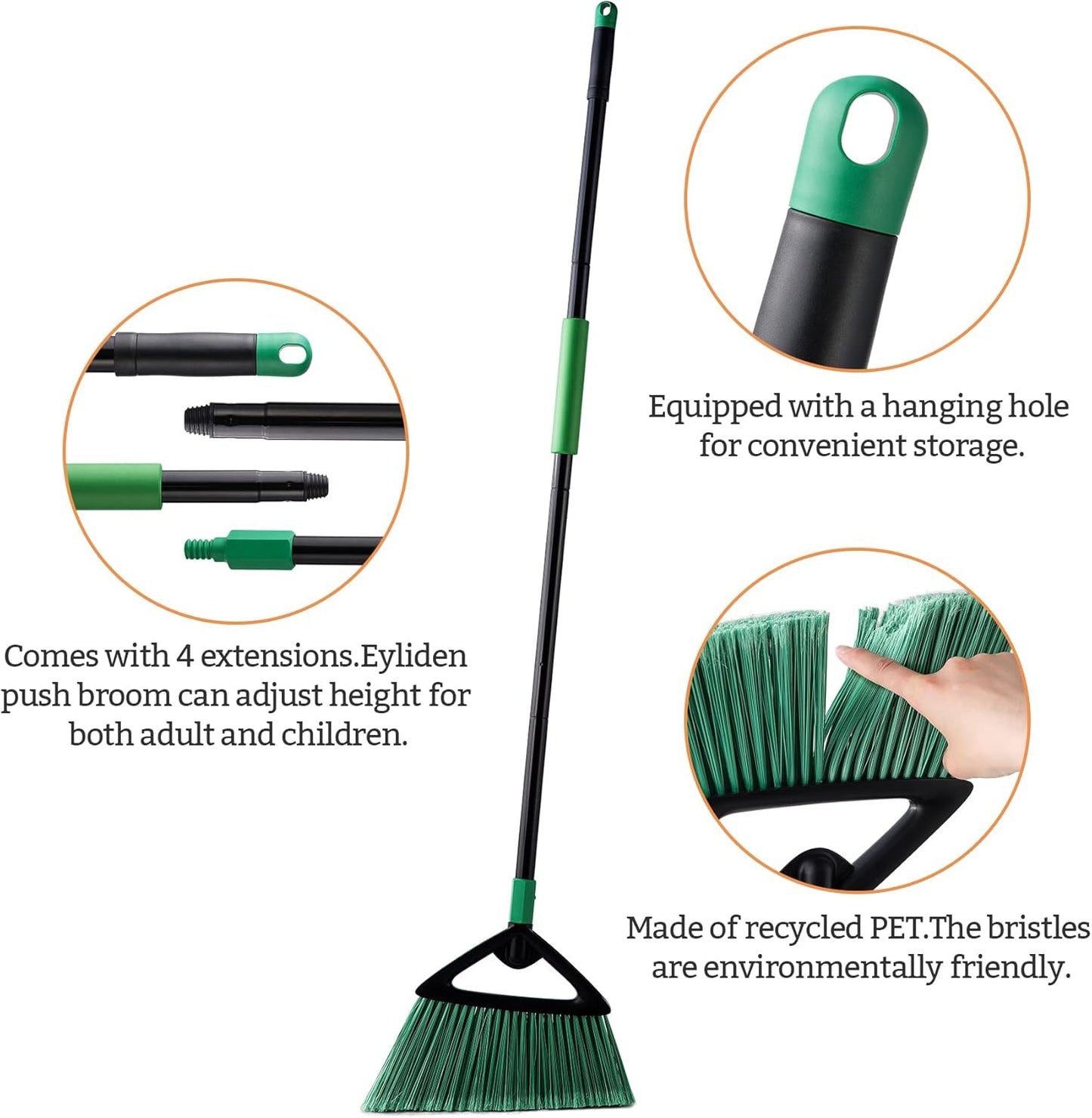 Eyliden Broom, Angle Broom with 57" Long Handle | Fit Heavy-Duty Cleaning, Also Works Well Fine Dust | Commercial Outdoor Indoor Sweeper for Courtyard Sidewalk Deck Kitchen Lobby Garage, Green