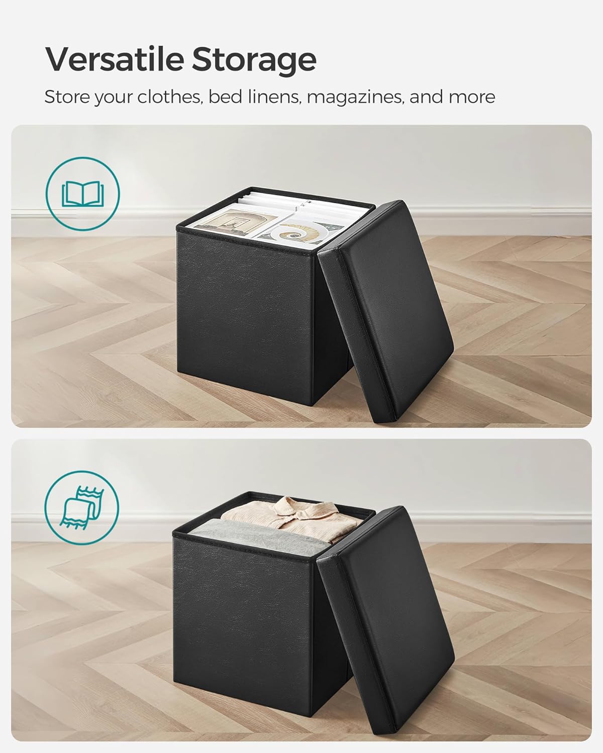 SONGMICS MAZIE Collection - 15 Inches Ottoman with Storage, Footstool, Storage Ottoman, Load 660 lb, for Dorm, Living Room, Bedroom, Synthetic Leather, Black ULSF101