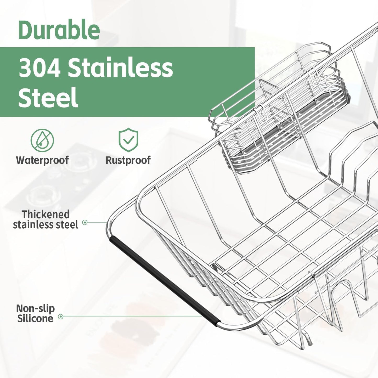 Dish Drying Rack in Sink, Extendable Stainless Steel Dish Drainers for Kitchen Counter, Anti-Rust Dish Dryer Rack with Utensil & Cup Holders, for Inside Sink, Over The Sink