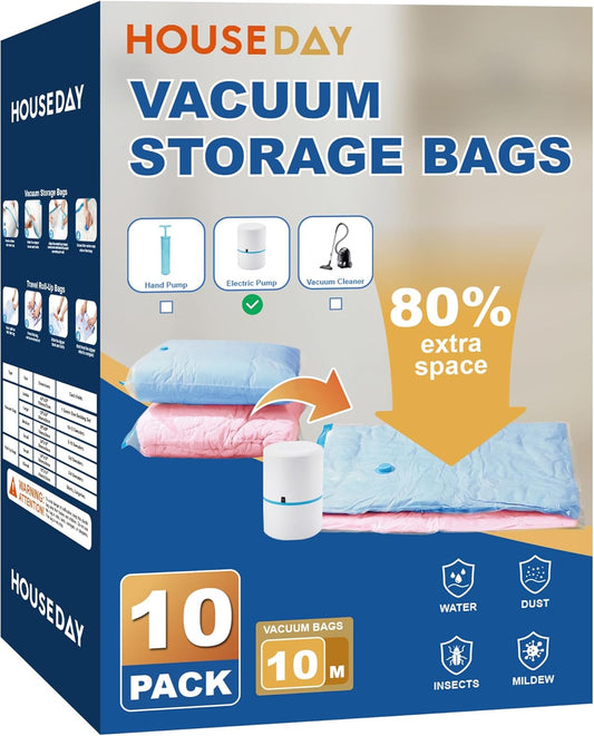 HOUSE DAY 10 Medium Vacuum Seal Bags For Clothing Travel, 80% Space Saving Travel Vacuum Bags with Electric Pump, Vacuum Storage Bags For Clothes, Blankets, Moving, Camping, Toys, Reusable & Durable