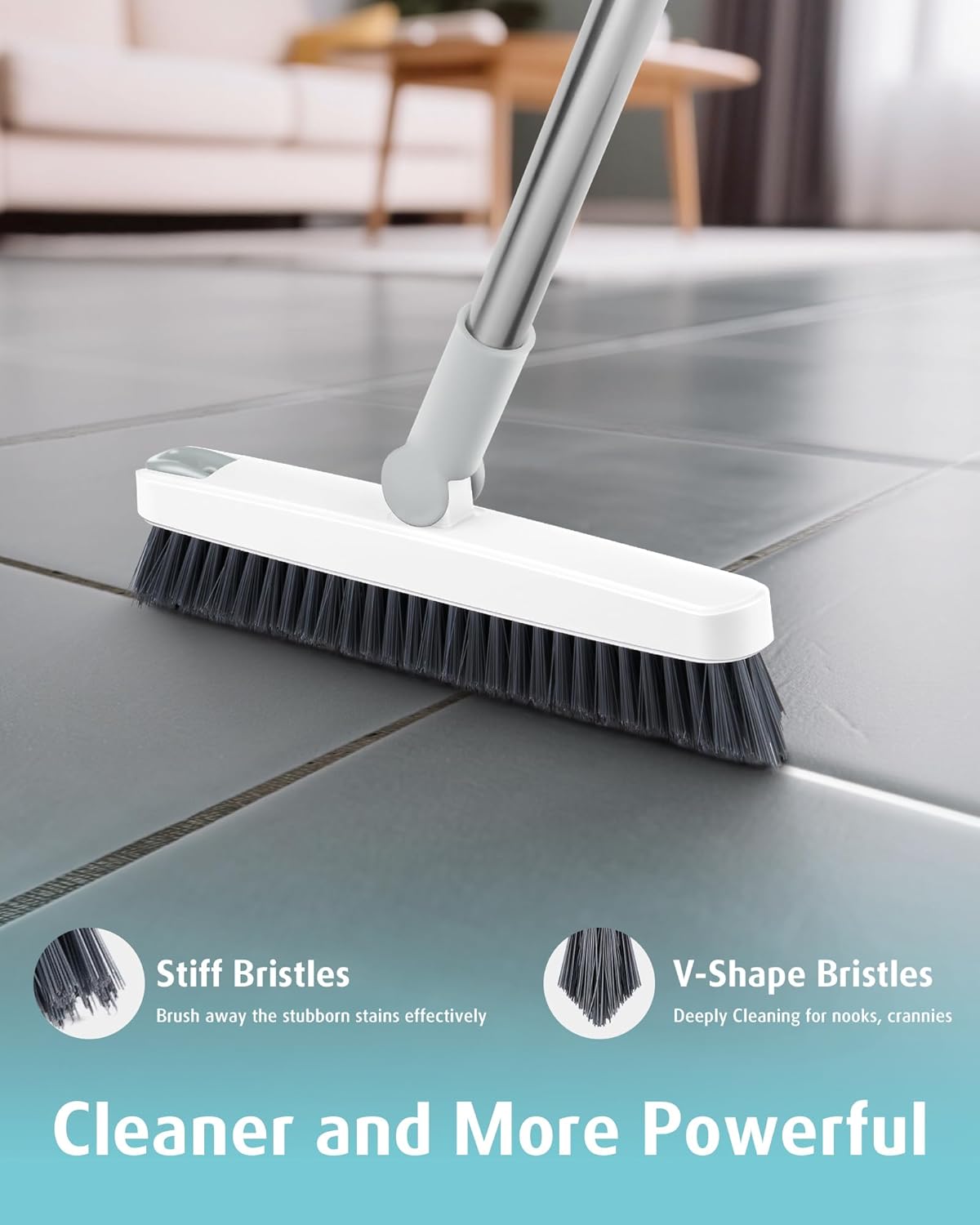 AIR U+ Grout Brush with Long Handle 180° Swivel Scrub Brush with Tweezers to Hair Clip V-Shape Grout Line Scrubber Stiff Bristles for Deep Cleaning Crevice, Tile Line, Shower, Kitchen, Corners（White）