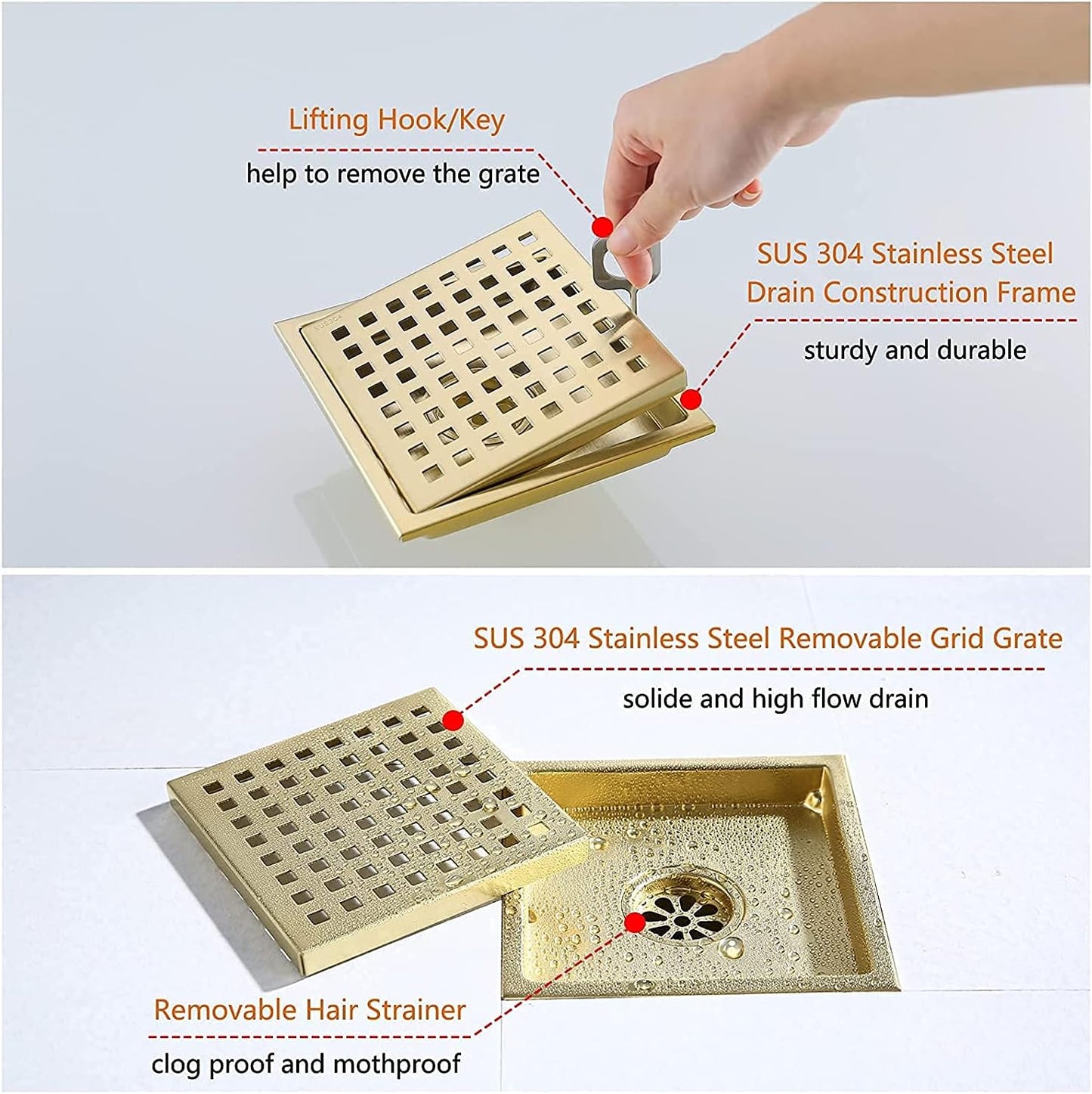 RANDOM Brushed Gold Shower Drain Square 6 Inch Shower Floor Drain with Grid Grate & Removable Hair Strainer 304 Stainless Steel Shower Drain Cover Bathroom Accessories.98738BG