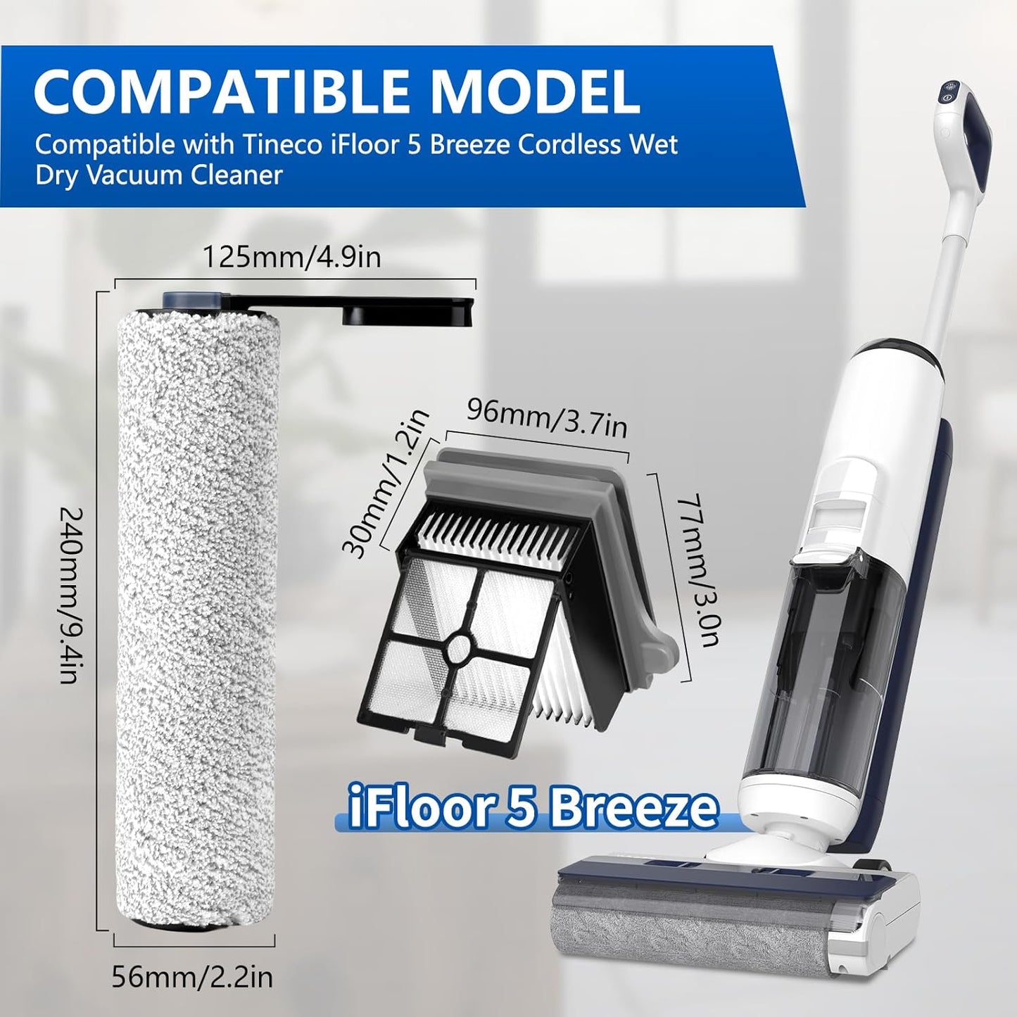 Roller Brush and Filters Replacement Compatible with Tineco iFLOOR 5 Breeze Cordless Vacuum Cleaner,Replacement Parts Include 2 Brush Rollers, 4 Vac Filters
