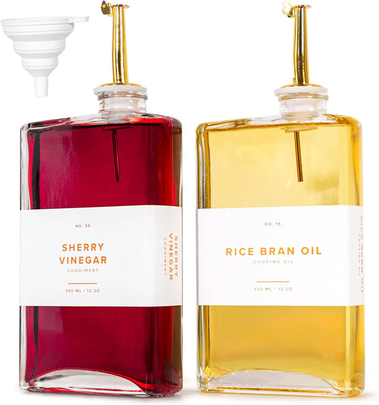 Glass Olive Oil Dispenser Bottle Set [2x12oz]: 36 Premium Gold Labels, Oil Dispenser for kitchen, Vinegar Bottle Set, Glass Dispensers for Soy Sauce, Syrup Bottles | Set of 2