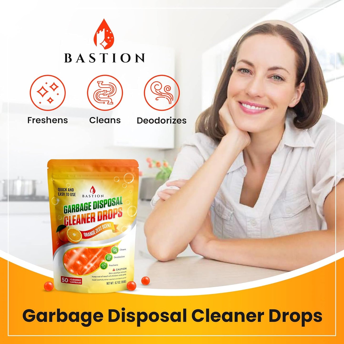 Bastion Garbage Disposal Cleaner and Deodorizer Drops- [[50-Count]] Orange Zest Scented Kitchen Sink Freshener Pods & Drain Odor Eliminator Disposer Care Balls
