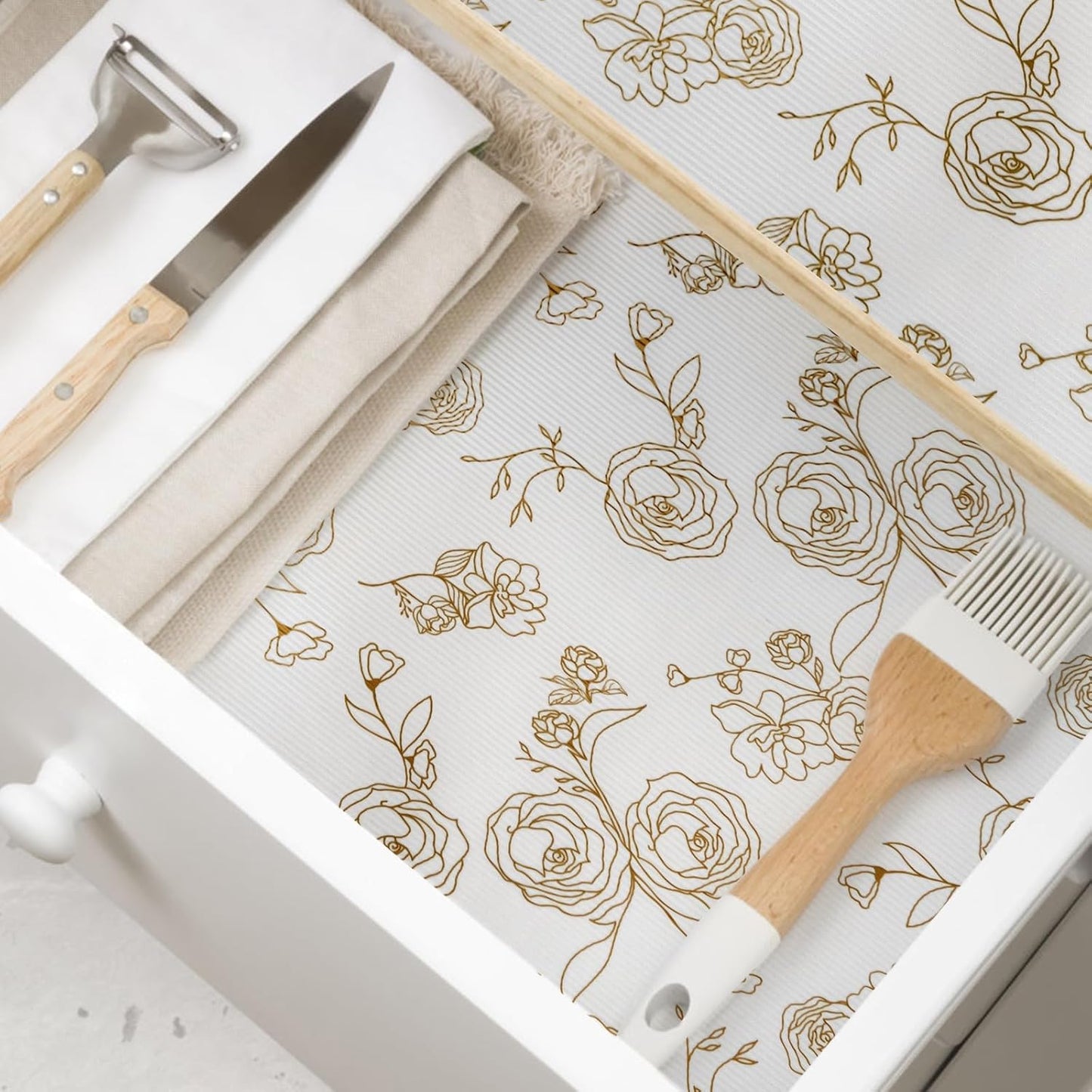 Shelf Cabinet Liner for Kitchen- Non Adhesive 17.5In x 20FT Drawer Liner Refrigerator Liner, Premium Waterproof Shelf Paper Protect Surface, Non Slip Easy to Clean Durable EVA Material, Gold Roses