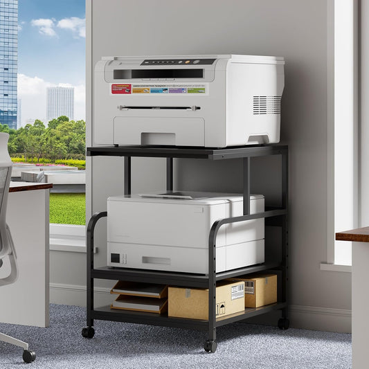 Printer Stand, 24''×24''×29'' Large Printer Table for Home Office with Locking Casters, Heavy Duty Sturdy 3-Tier Rolling Cart with Adjustable Shelf, Mini Fridge Stand, Home Office Essentials, Black