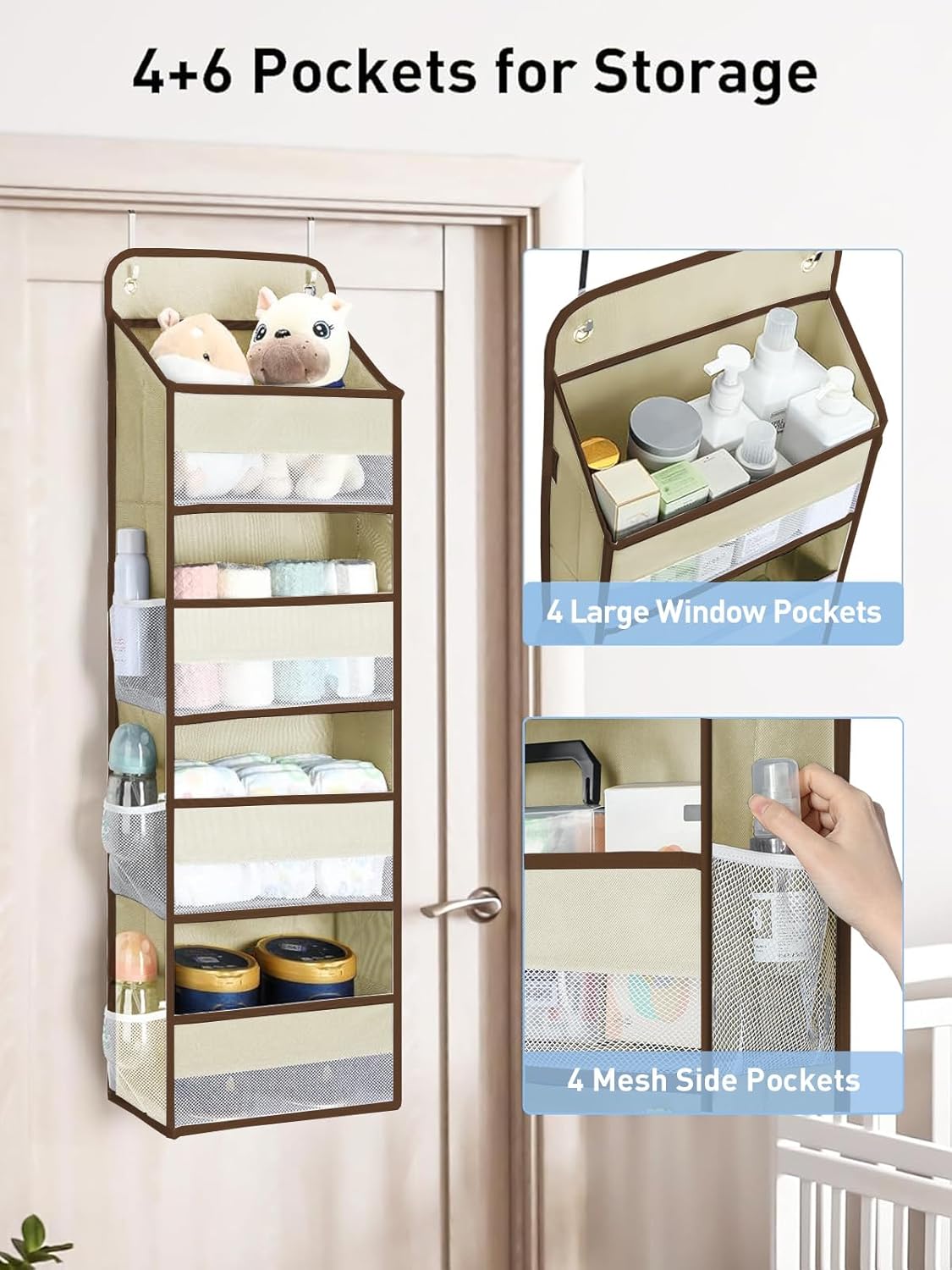 Yecaye 2 Pack 4 Tier Over the Door Organizer, Foldable Portable Baby Essentials for Stuffed Animal Storage - Multi-purpose Bathroom Closet Organizers and Storage for Kids Newborn Baby Stuff Beige