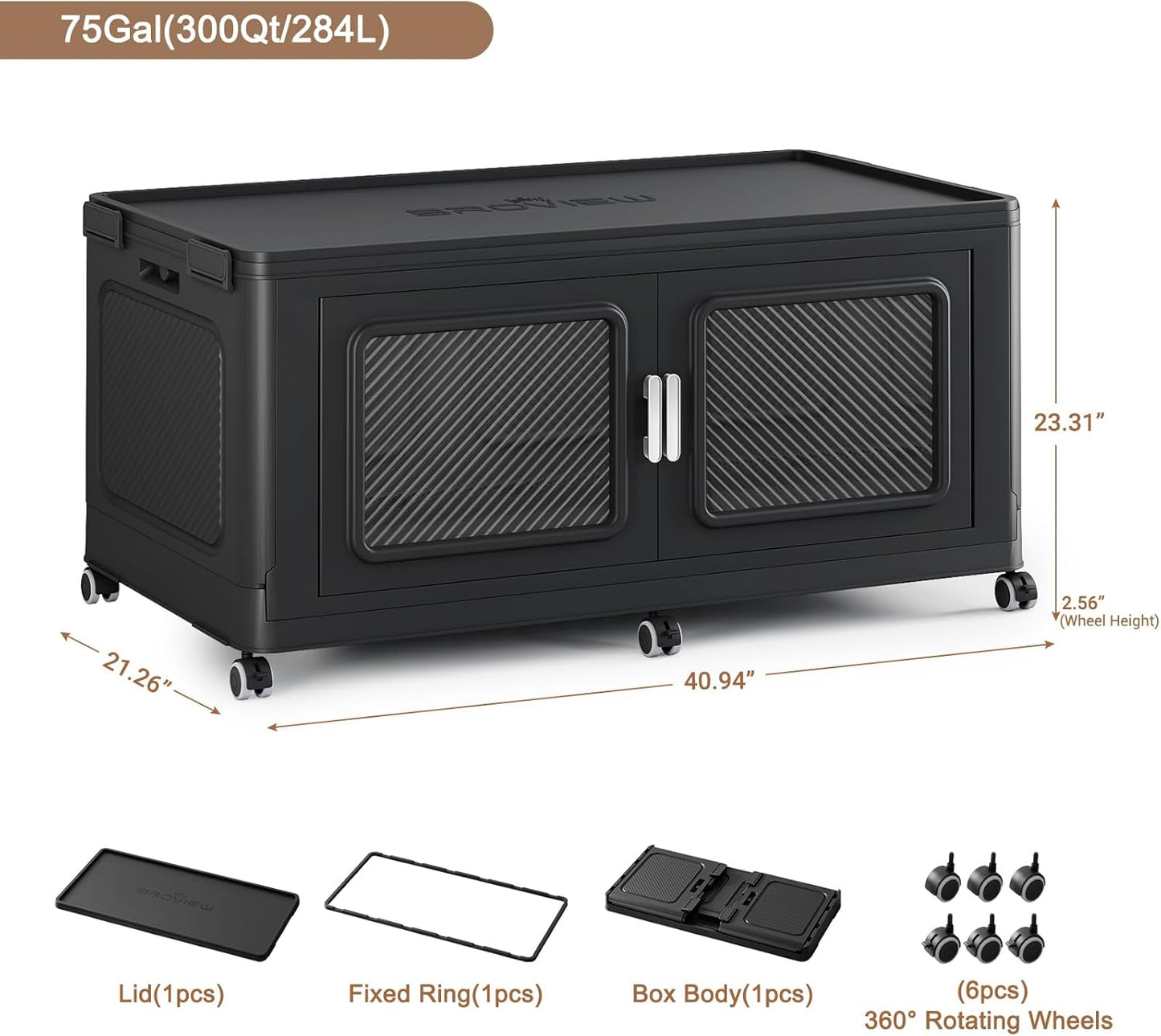 BROVIEW 300 Qt Stackable Storage Bin with Lid, 75Gal Extra Large Collapsible Storage Boxes, Folding Plastic Drawer, Heavy-Duty Store Cabinet, Closet Organizer for Home Kitchen, 1 Pack Black