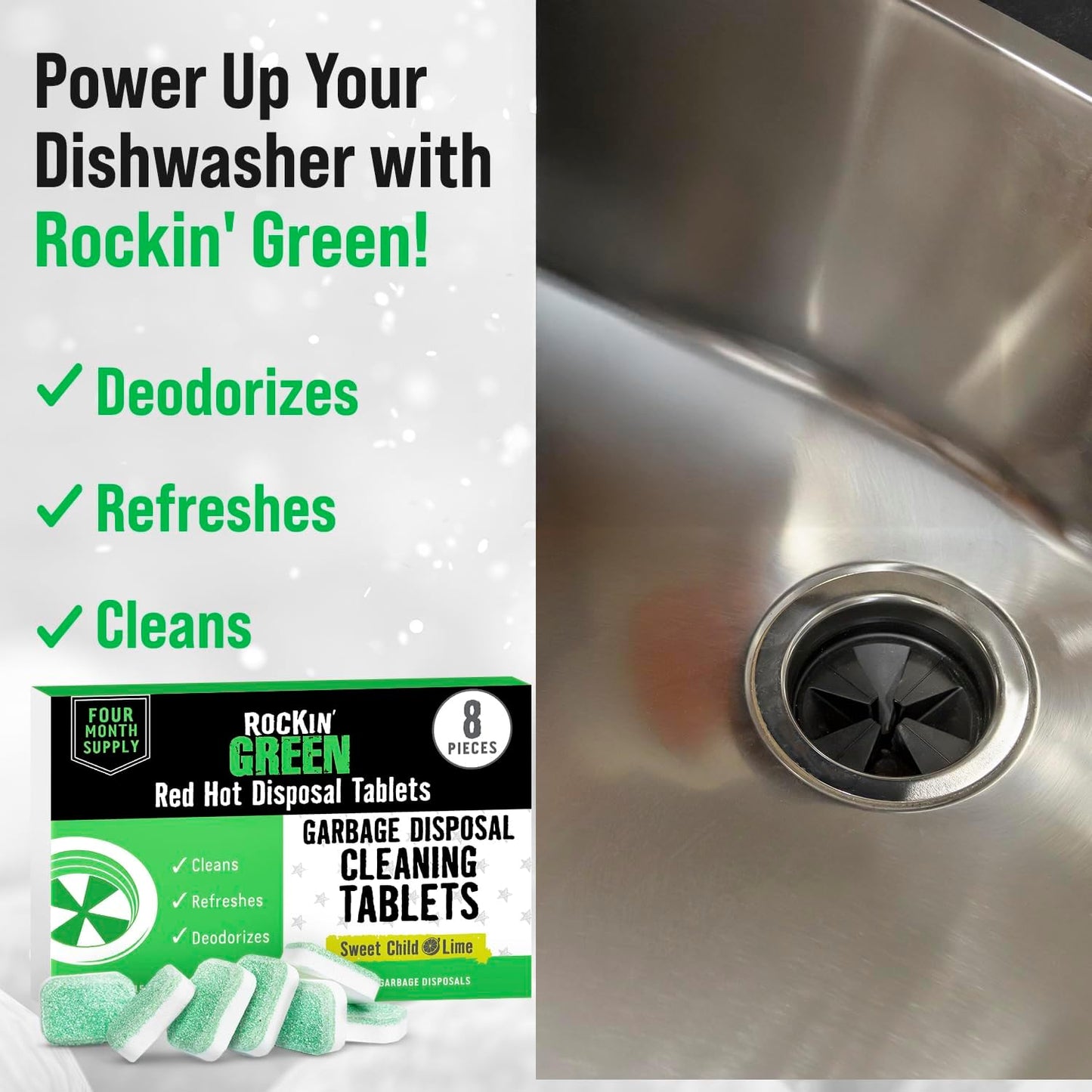 Rockin' Green Deep Cleaning and Deodorizing Tablets for Dishwashers, Washing Machines, and Garbage Disposals, Removes Odor and Residue (Garbage Disposal Cleaning Tablets, 8 Pack)