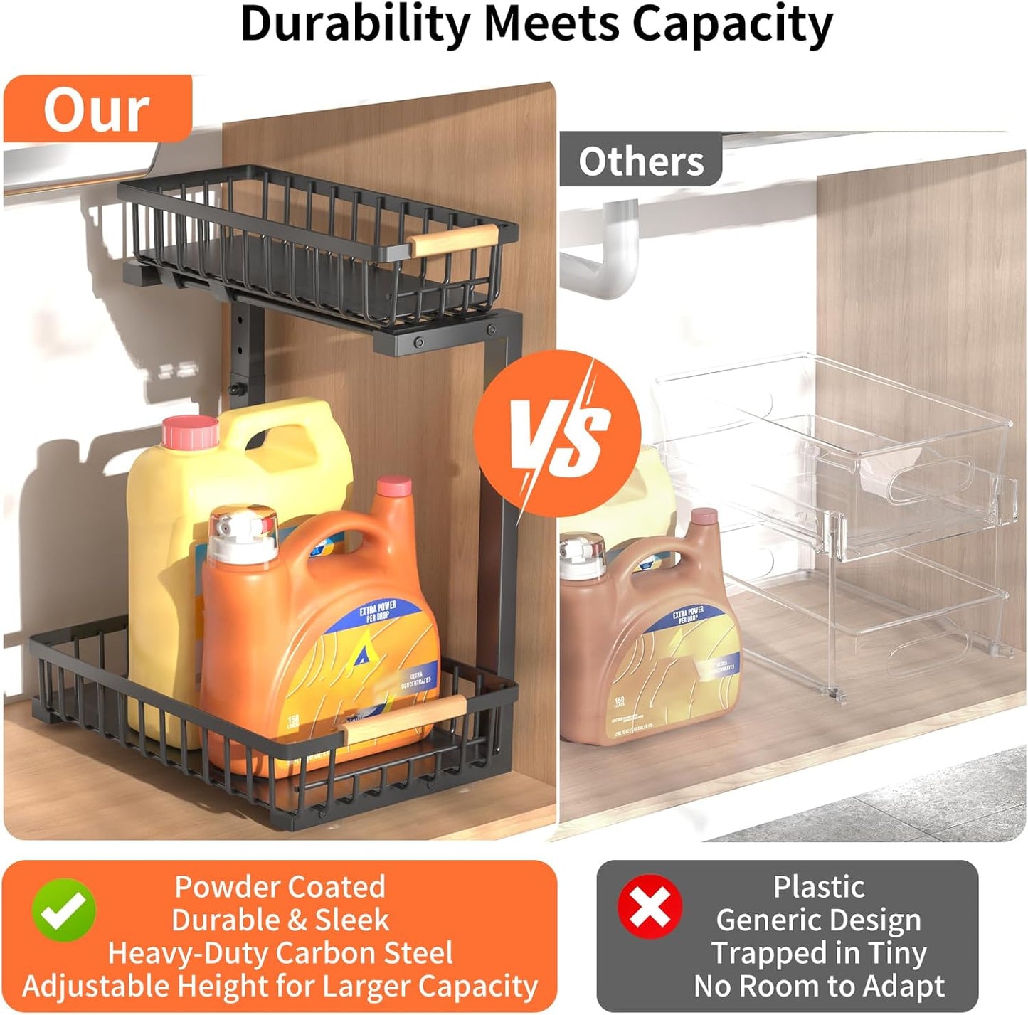 Under Sink Organizer, Under Sink Organizers and Storage, 2-Tier Pull Out Under Cabinet Organizer Storage Shelf, Metal Frame, Height Adjustable Rack for Bathroom Kitchen Pantry