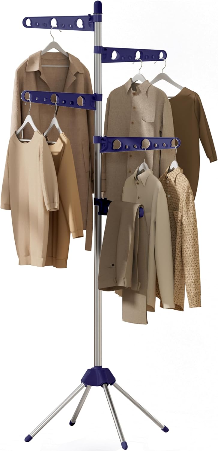 Clothes Drying Rack Foldable, 70.9 inch Tripod Drying Rack for 35 Pieces of Clothes, with Height-Adjustable Rotatable Clothes Rails, Space Saving, Stainless Steel, Blue and Silver CDR005Q01