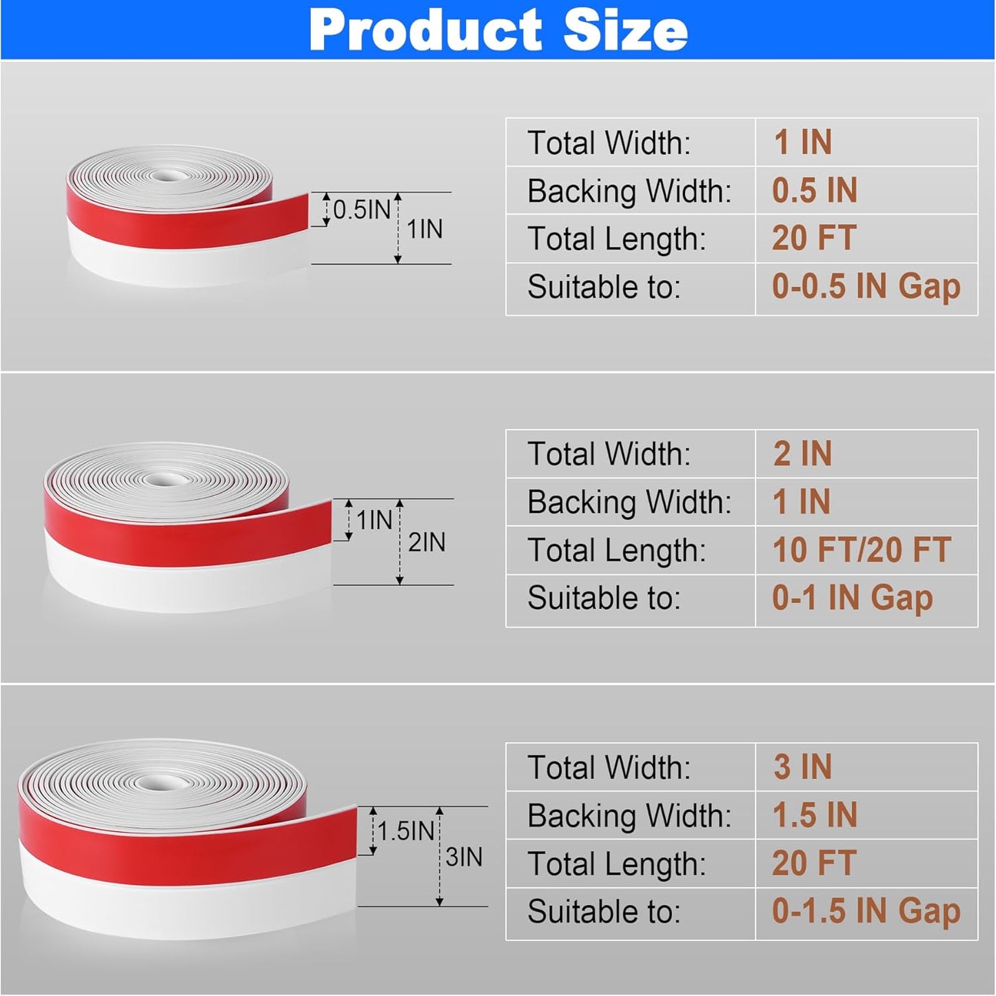 ToLanbbt Weather Stripping Silicone Door Seal Strip 1 in x 20 ft Door Draft Stopper Self Adhesive Door Draft Tape, Side & Bottom Gaps Insulation Strip for Glass Shower Door Sliding Door Window, White