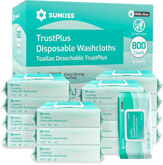 SUNKISS Trustplus Wet Wipes for Adult No Rinse, Extra Large 8”x12” Body Cleaning Washcloths for Elderly Incontinence & Cleansing, Unscented, 800 Count (16 Packs of 50)