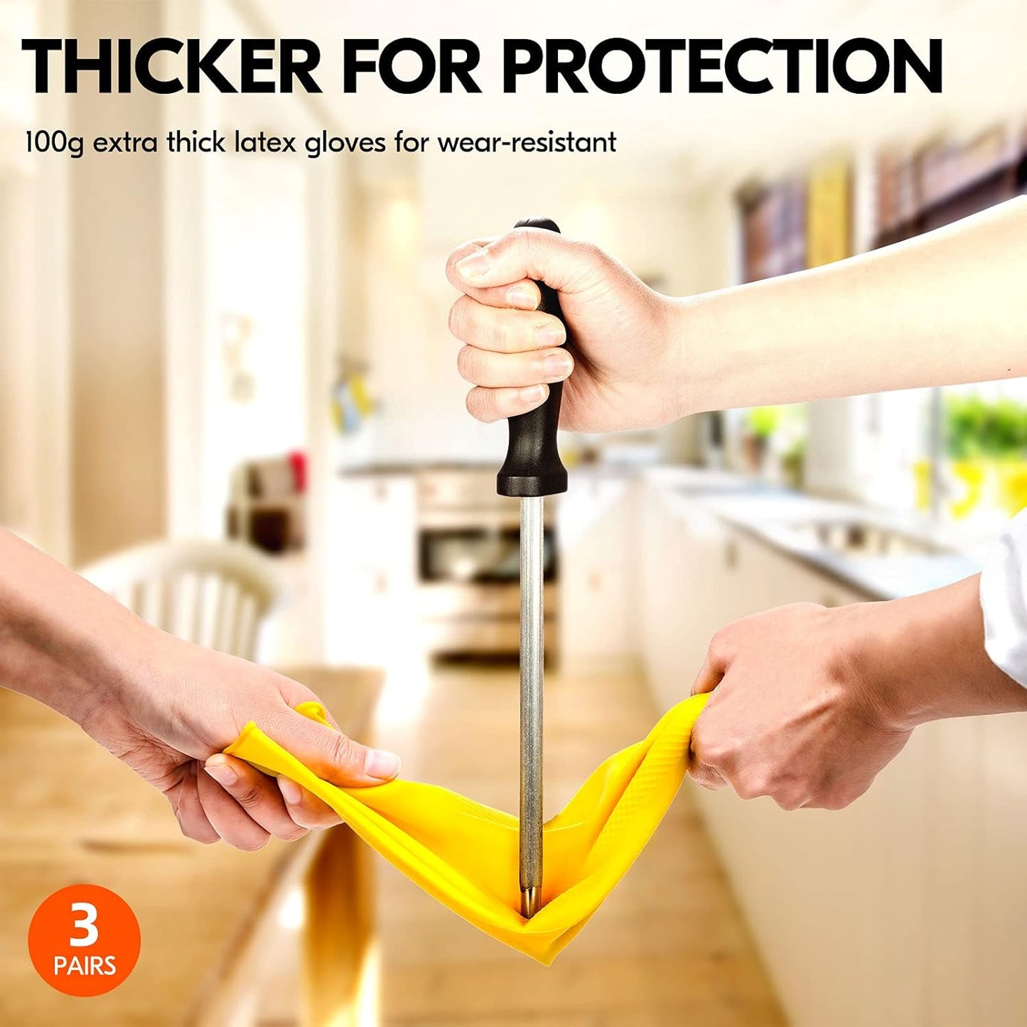 Vgo... 3-Pairs Reusable Household Gloves, Rubber Dishwashing gloves, Extra Thickness, Long Sleeves, Kitchen Cleaning, Working, Painting, Gardening, Pet Care (Size S, Yellow, HH4601)