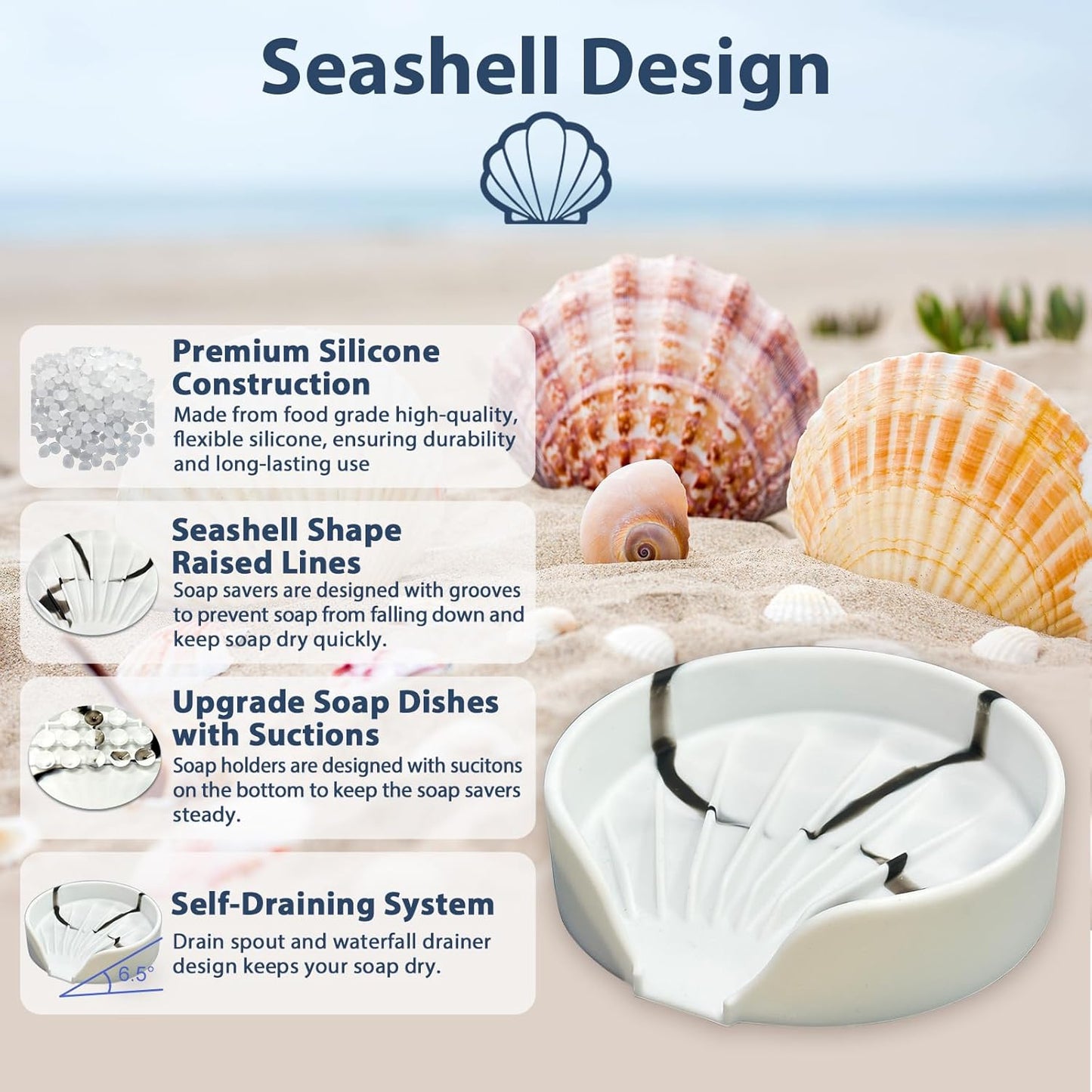 Self Draining Soap Dish, Silicone Suction Cup Soap Holder Tray Savers Container Sponge Holder for Bar Bathroom Shower Kitchen Sink, Can Extend Soap Life (2, White)