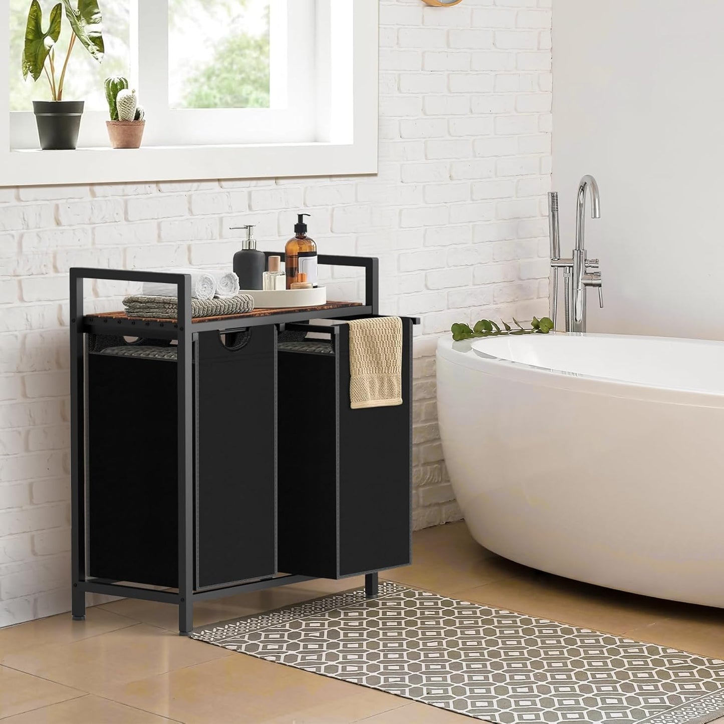 Laundry Hamper, Laundry Sorter with 2 Pull-Out Removable Oxford Fabric Bags Cloth Laundry Basket 2 x 10 Gallons (Black and Rustic Brown)