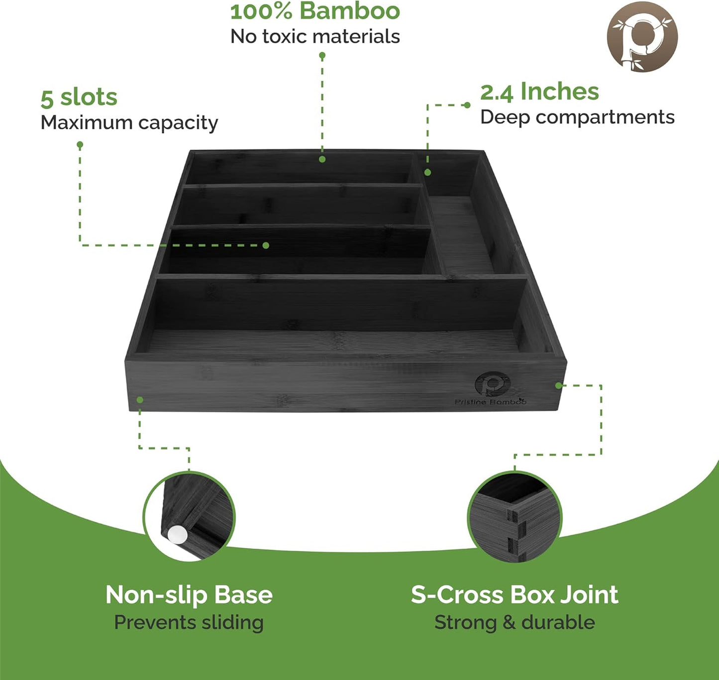 Silverware Organizer - Kitchen Drawer Organizer and Utensil Organizer - Cutlery Tray – Flatware, Utensil and Silverware Holder - Silverware Tray for Drawer (5-Slots, Black)