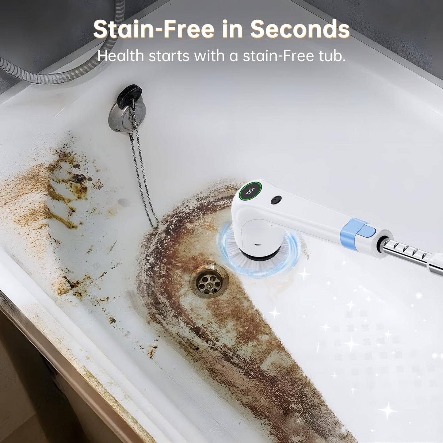 Electric Spin Scrubber, Cordless Shower Scrubber with 8 Scrub Brush, 2 Speed with Adjustable Extension Handle, Battery Level Display, Power Scrubber for Bathroom Bathtub Tile Floor, White