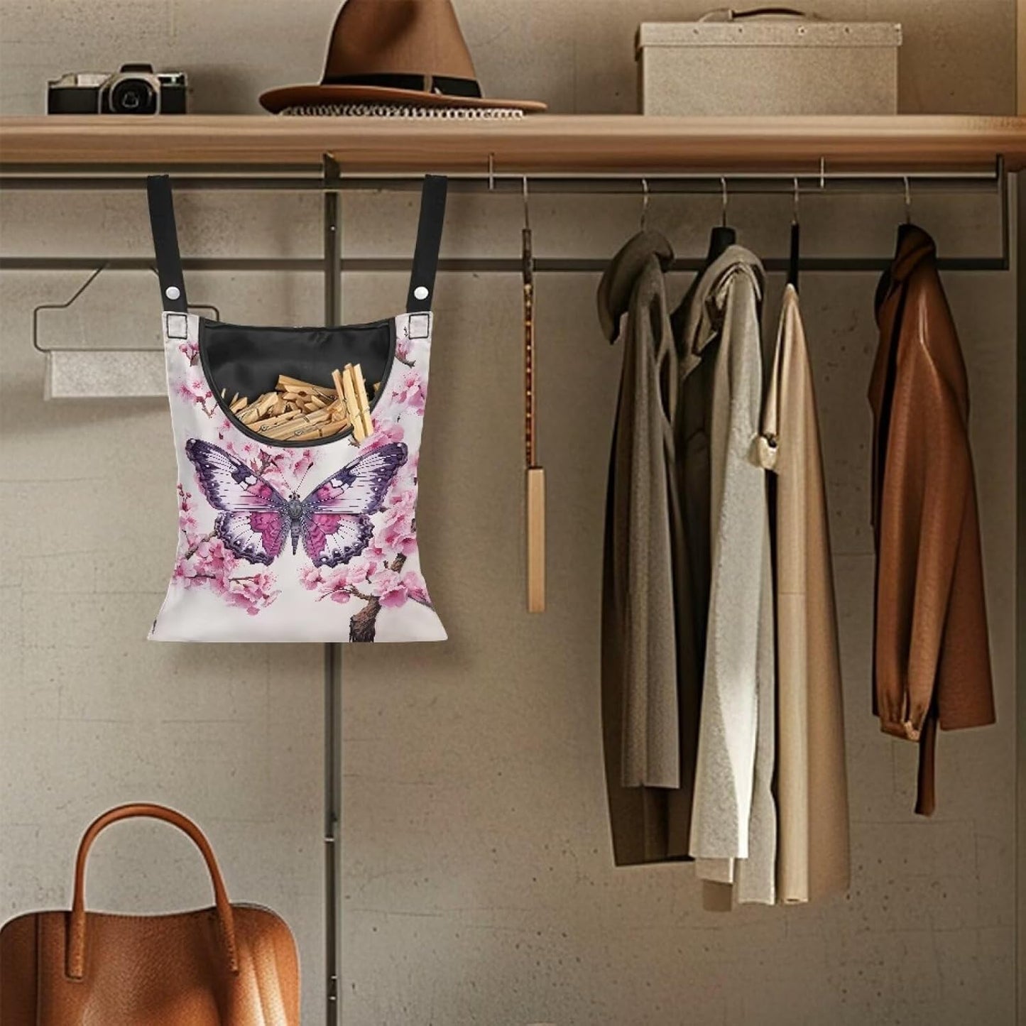 Clothes Pin Hanging Bag, Butterfly Clothes Pins Bag Holder Outdoor 4.Stylish Clothespin Bag with Hanging Rope for Clothes Pin and Clothespin