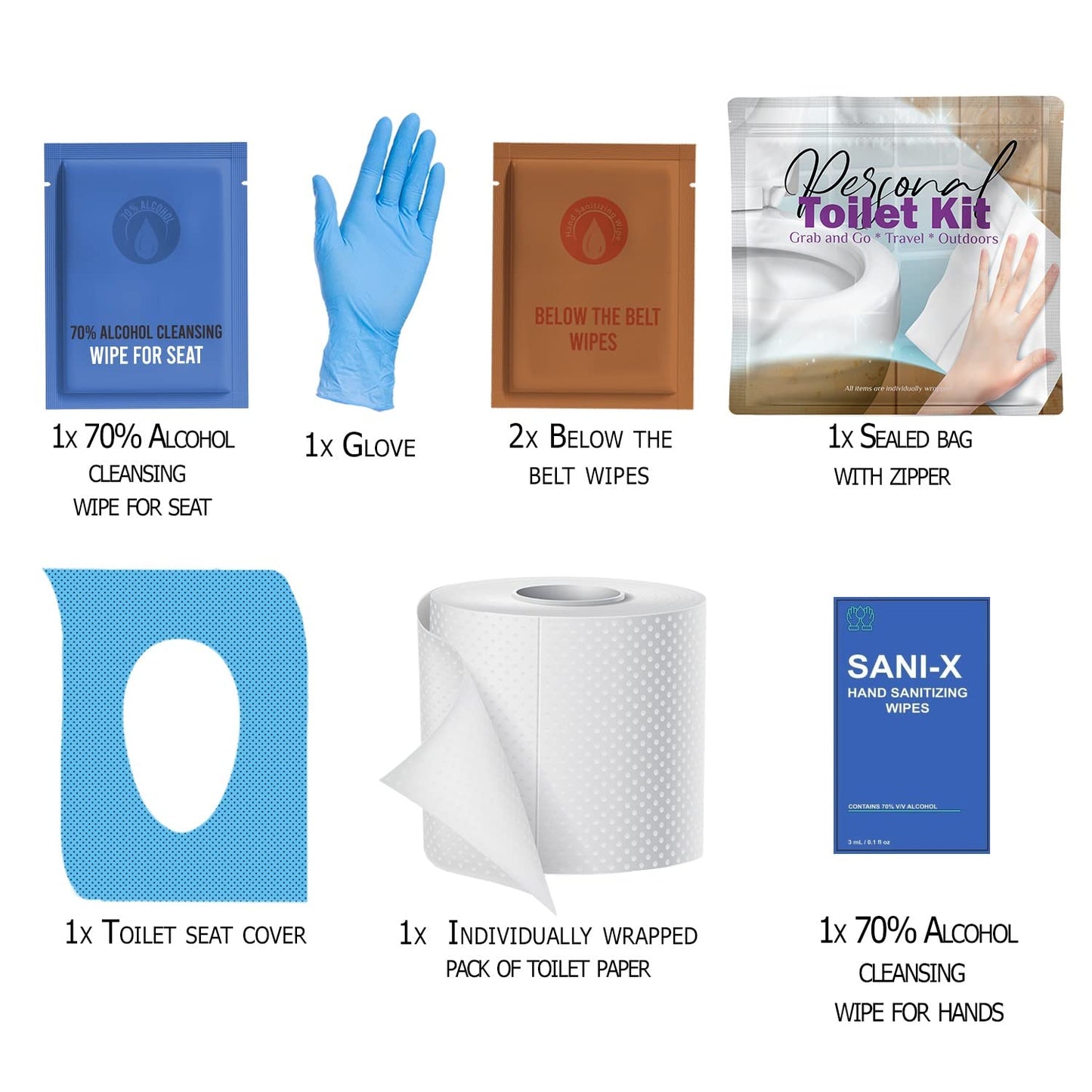 Personal Toilet Kit To Go – 10 Pack | Disposable Public Restroom Kit | Individually Wrapped for Toilet Protection Kit | Toilet Paper, Toilet Seat Cover, Butt Wipes, Cleansing Wipes (Clean)