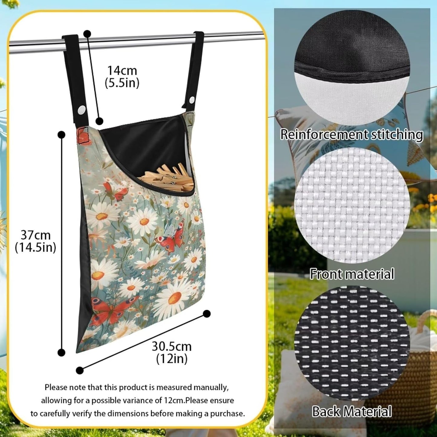 Daisy Clothespin Bag Butterfly Laundry Hanging Storage Organizer Clothes Pin Hanging Bags with Rope Clothespin Holder with an Space-Saving Opening for Clothesline Outdoor